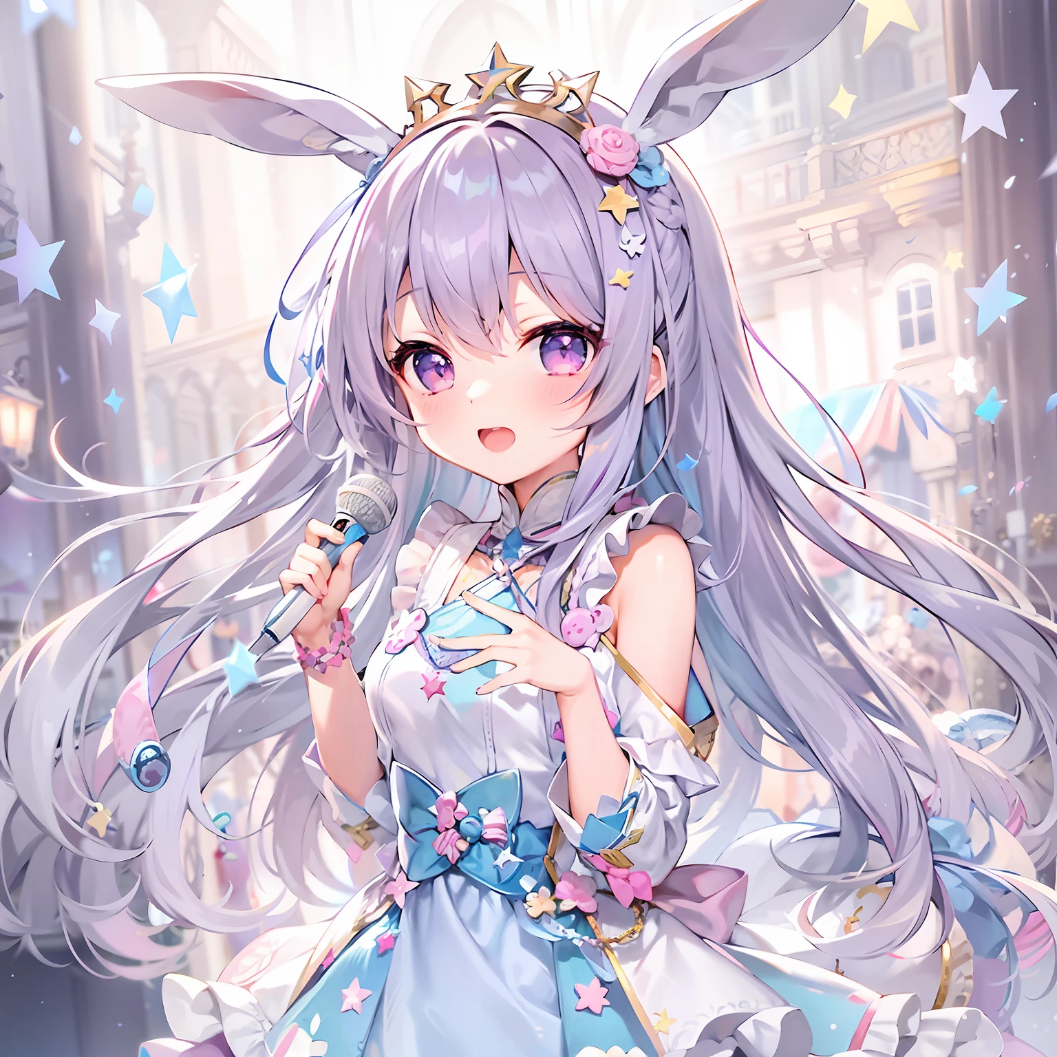 1girll, Solo, kawaii, Purple hair、Long、Hair is down、Rabbit hair ornament、Rabbit with hair ornament light pink color、Eyes purple and pink、White stars in the eyes、pink mini dress、Light blue stars on dress、idol、Singing a song