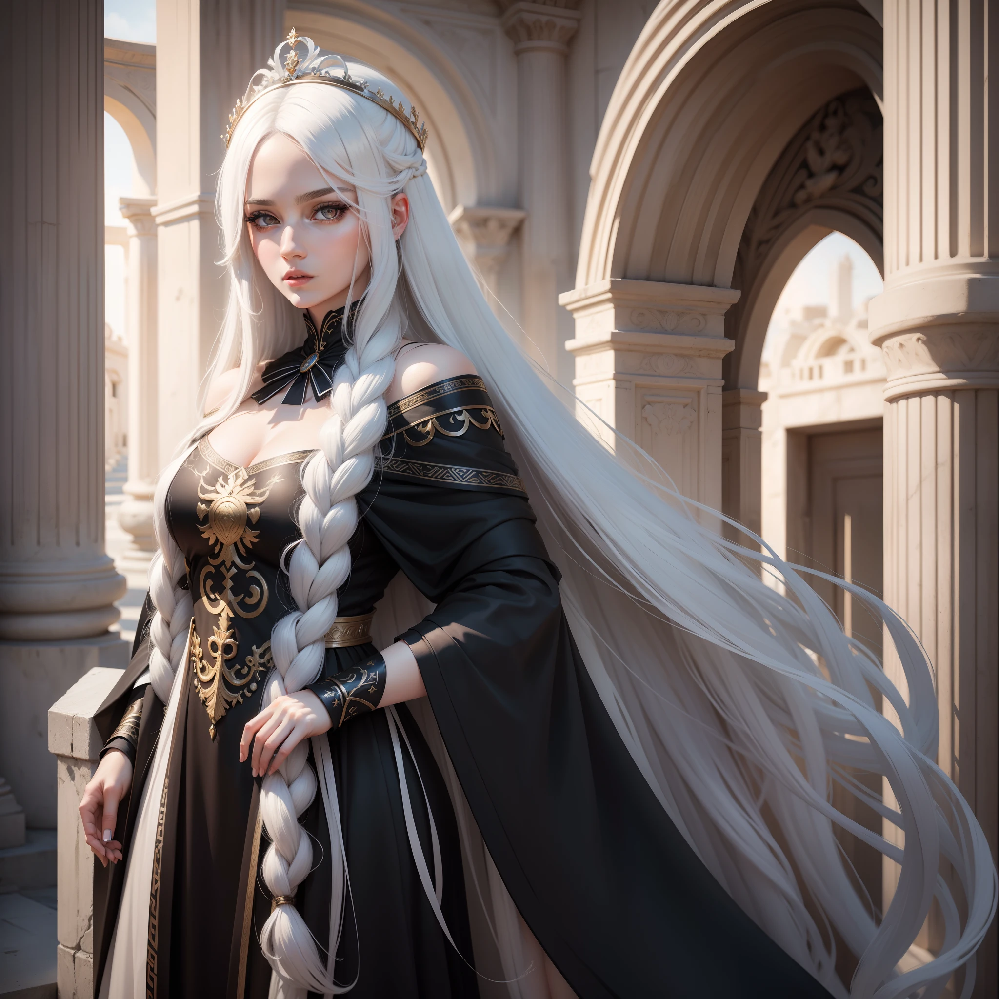 greek goddes, long white hair, rede eyes, black dress, one girl, greek, white girl, art, greek art, goddes, queen, semi realistic, 8k