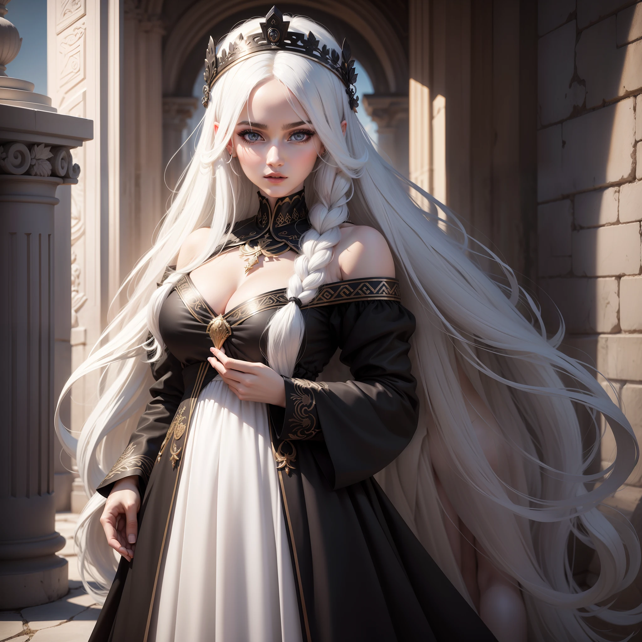 greek goddes, long white hair, rede eyes, black dress, one girl, greek, white girl, art, greek art, goddes, queen, semi realistic, 8k