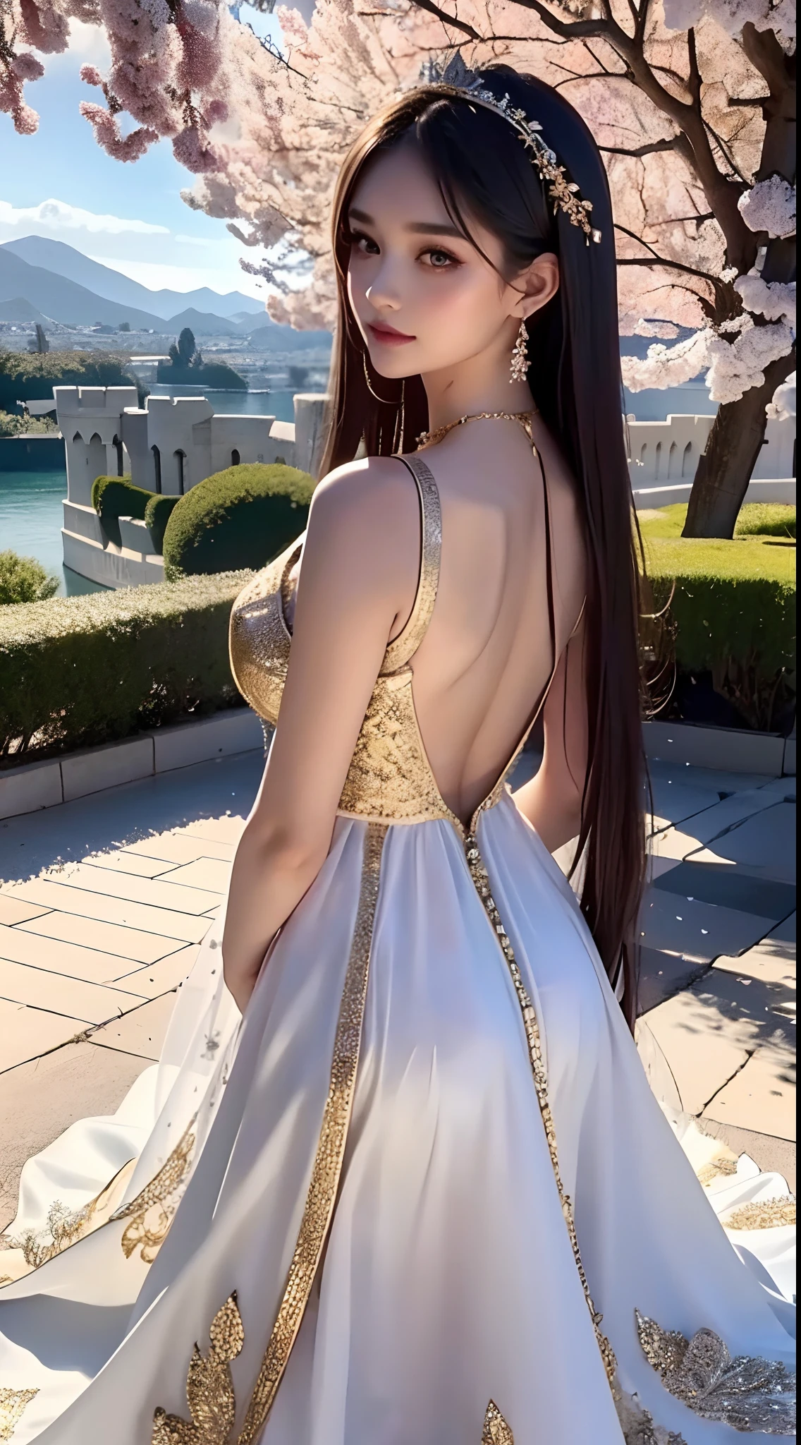 4K Ultra HD, Masterpiece,  s, Nice face, Detailed Eyes, Liquid Lipstick, Long hair, Hair spreads, necklaces, beautiful dress, long dress, wedding dress, Gold, highlights, lighting effects, glittering, realistic background, Natural background, blossom, sunlights, mountains, Full-body capture, You can see the bridge, in the castle, view from behind, Glass Slipper