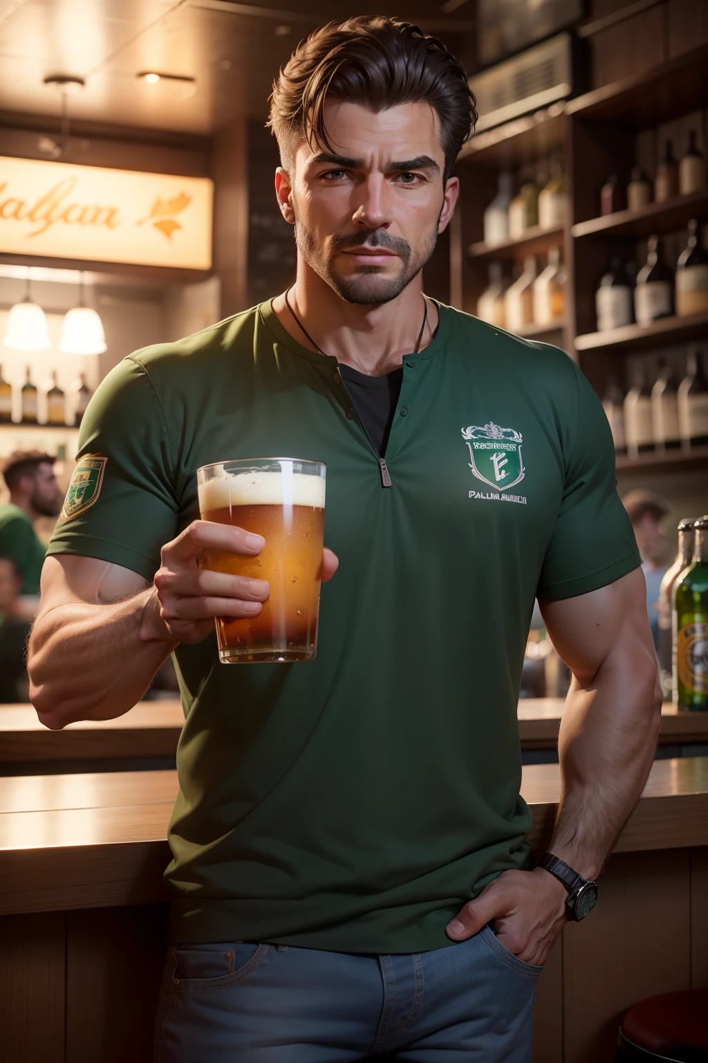 description: Make a man
Features: This man must be wearing Palmeiras clothes
Scenario: He must be inside a bar
Share: He's drinking beer
Quality: Foto ultra realista, qualidade 8k, fullhd