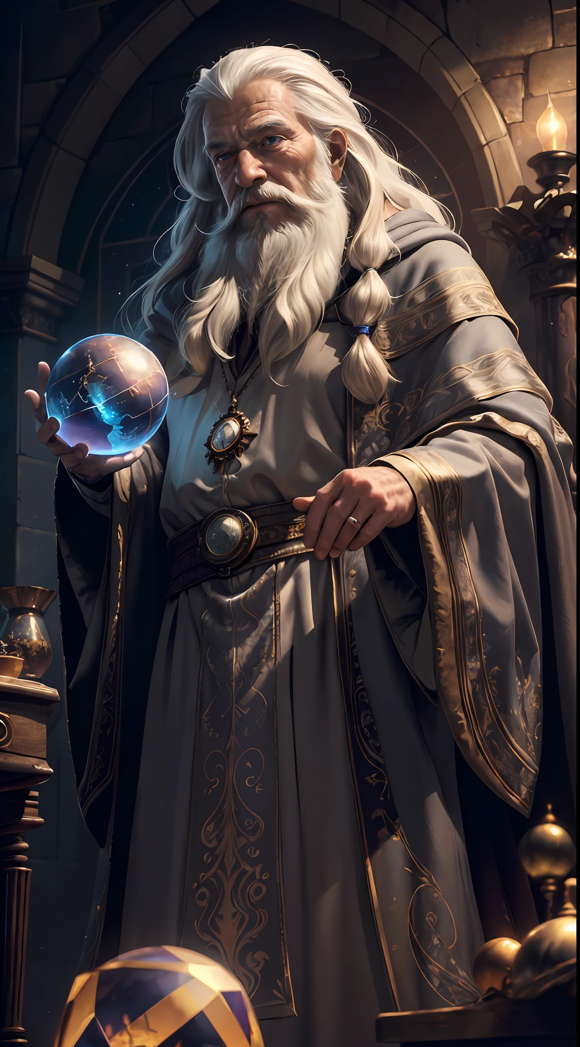 (Masterpiece:1.2), (Best Quality), Detailed, UHD, Cinematic Lighting, sharp focus, (illustration:1.1), intricate, Very Old Wizard with long white hair and beard, wrinkled face, wearing a wizard's grey cloak, pondering a big crystal ball, in a dimly lit room, magician's room, glowing lights, flickering lights,
