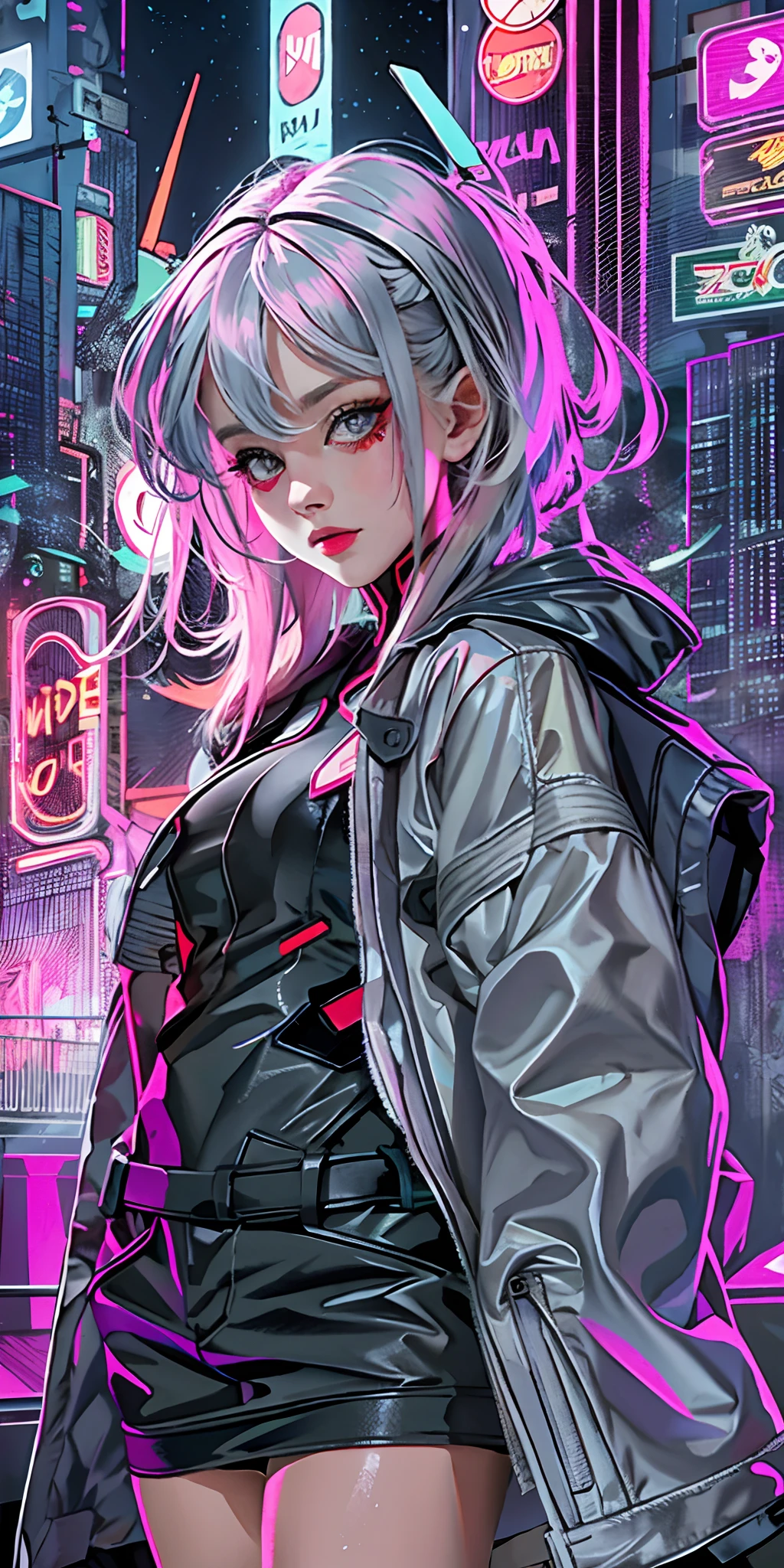 lucy \(cyberpunk\), 1girl, hair scrunchie, hime cut, silver hair, colored tips, full moon, grey eyes, jacket, long sleeves, looking at viewer, medium hair, multicolored hair, parted bangs, parted lips, pink hair, portrait, red eyeliner, red lips, solo, white jacket, cyberpunk \(series\), rainy night in a cyberpunk city with glowing neon lights