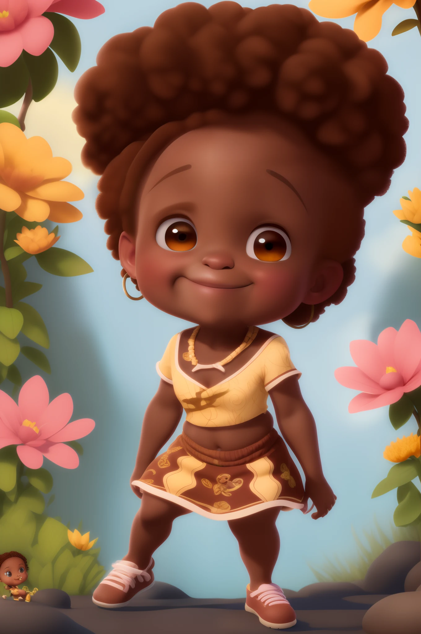 Menina africana pele marrom:1, queimada do sol, black cartoon skin with curly hair and yellow dress standing in front of flowers, painting digital adorable, Arte infantil em Artstation, arte digital detalhada bonito, Princesa negra africana, Menina africana de pele clara, personagem bonito, Menina afro-americana, bonito 3 d render, official illustration, personagem bonito dos desenhos animados, arte digital bonito, renderizado em corona, Personagem de close up, super bonito funky menina preta