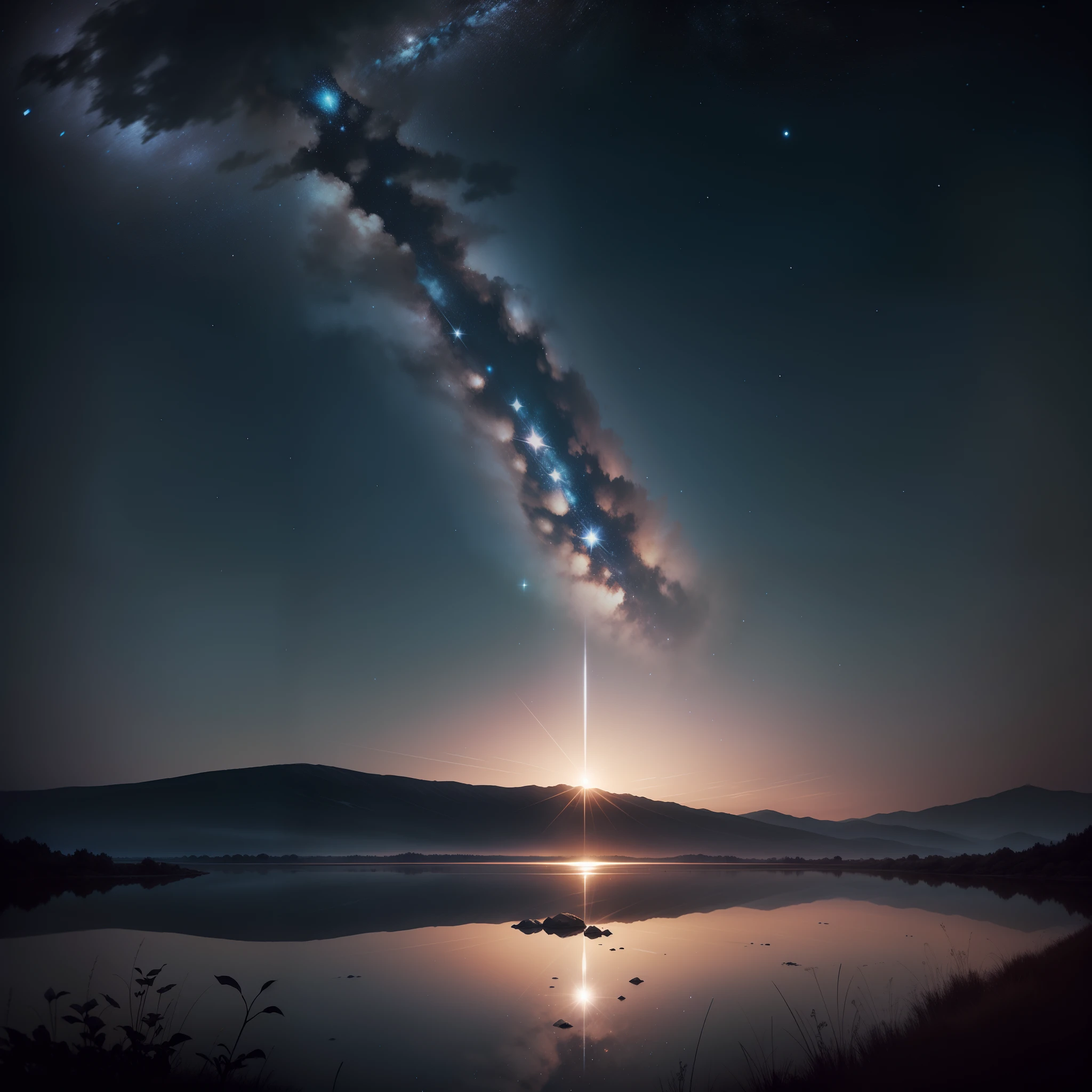 Imagine a starry night sky over a tranquil landscape. Create an image that conveys serenity
