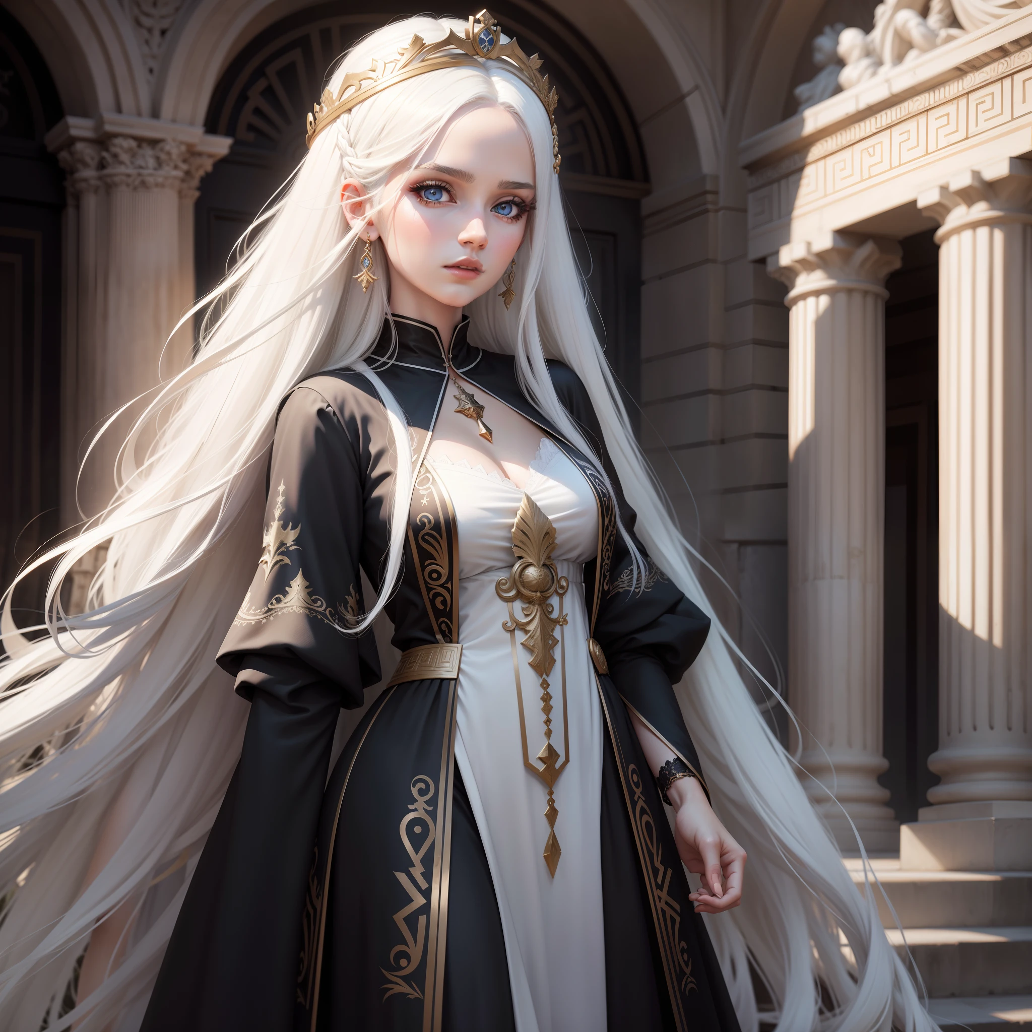 greek goddes, long white hair, rede eyes, black dress, one girl, greek, white girl, art, greek art, goddes, queen, semi realistic, 8k