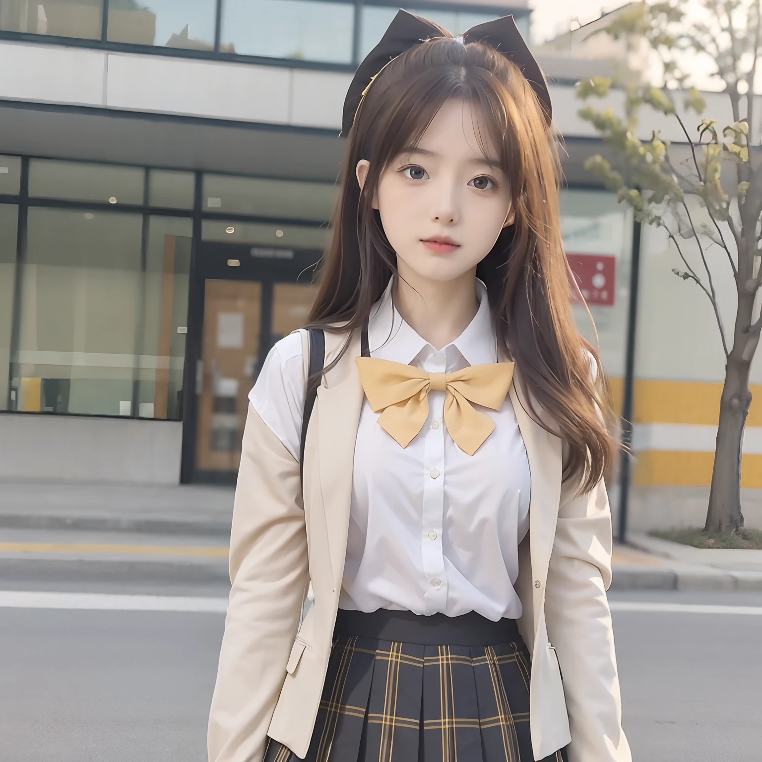 (8K, Best Quality, Masterpiece: 1.2), Realistic, Ultra High Resolution, Intricate Details, 1 Girl, Beautiful Face, JK Suit, White Shirt, Yellow Bow Tie, Yellow Skirt, Plaid Skirt, Pleated Skirt, Upper Body, Standing, Wide Angle Lens, Surreal Schoolgirl, Surreal Schoolgirl, Realistic Anime 3 D Style, Realistic Schoolgirl, Smooth Anime CG Art, 3 D Anime Realistic, Beautiful Anime High School Girls, Sakimichan HDRI, Fantastic school student uniform, realistic anime, realistic young anime girl (8K, best quality, masterpiece: 1.2), realistic, super high resolution, intricate details, 1 girl, beautiful face, JK suit, white shirt, upper body