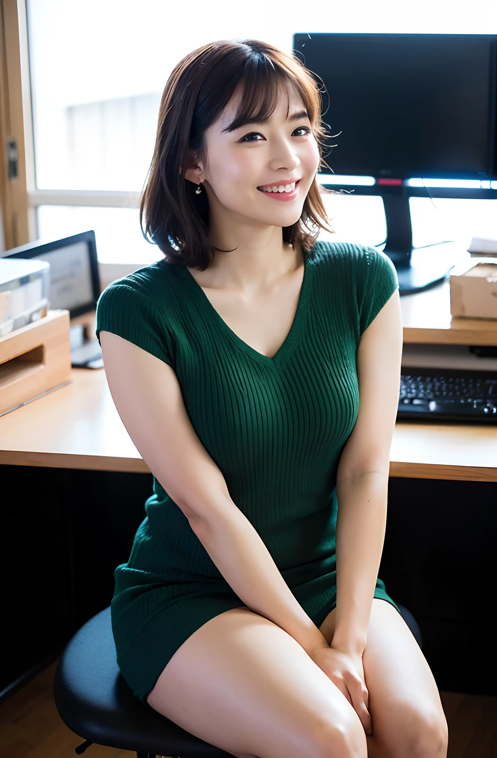 ((8K)、top-quality、masterpiece、超A high resolution:1.2)Photo Beautiful Japan woman、Elegance、There is a good、Transparent atmosphere、Beautiful face、Gradient lighting、1girl in、Delicate skin、Look into the distance、Brown-eyed、(short hair with bangs:1.2)、(breasts are large:1.0)、(realisitic:1.4)、(top-quality:1.0)、(超A high resolution:1.0)、8K、Raw photography、(masterpiece:0.2)、(pureerosface)、 V-Neck Rib Knit T-Shirt、Polo shirt style dresses、Sleeveless、The shirt、Tight silhouette、Vbottleneck、Army green color、want me、Take your eyes off、s Office、There are many computers lined up、Lots of desks、Large office、total darkness、subject、Lean、Hang your employee ID card from your neck、Having a file、deep in the night、Ass big、Kinda chubby、chubby figure、Bangs shed to the side、organize your hairstyle well、Put your ears out、Elbows on the desk、Sit up、open one's legs、Opening legs、I can see my panties、Futomo、Open both legs、sit a chair、From elbow to elbow with one elbow、Leaning on the desk、Laugh、smil、Spread your legs and show your panties、I can see my panties、open one's legs、