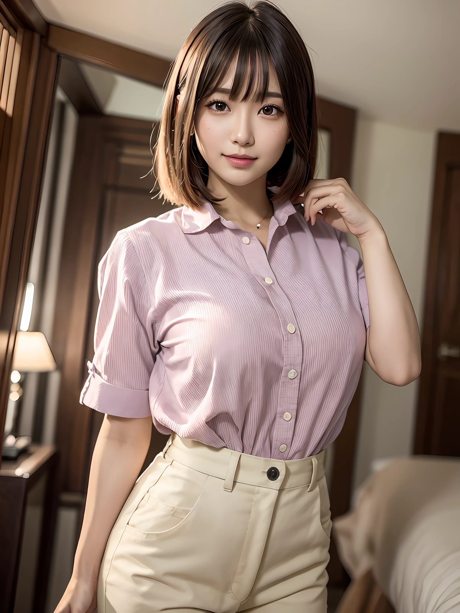 product quality, 1 girl per 1 photo, cowboy shot, front view, a Japanese young pretty girl, long bob hair, wearing a marriage ring, night time, wearing a short sleeves collared pink blouse, wearing light brown pants, a shoulder bag, standing in a bed room in a hotel with a big smile, a shoulder bag, hyper cute face, glossy lips, double eyelids for both eyes, natural makeup, shiny smooth light brown hair of long bob hair, asymmetrical bangs, tanned skin, central image, 8K resolution, high detail, detailed hairstyle, detailed face, cinematic lighting, octane rendering, hyper realistic, perfect limbs, perfect anatomy