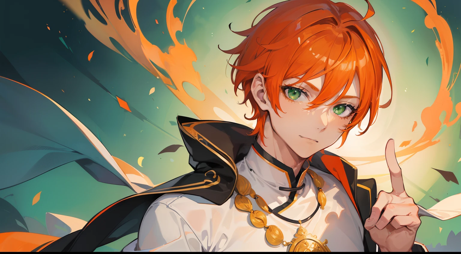 ((((One guy)))),close your eyes and laugh,(((Guy))), (((man))), (((Man's))),(((masutepiece))), (((Beautiful lighting))),(((muscular))),(((man))),),(((Green eyes))),(((Orange hair))), Male face,male eyebrows, Male Eyes, Eyelashes, Medium Hair,Beautiful face, v shaped_eyebrow,White skin,Transparent wings,Chinese_Clothes,(((Black clothes,)))garters_lanyard, See-through,The light of the Buddha shines, holy,