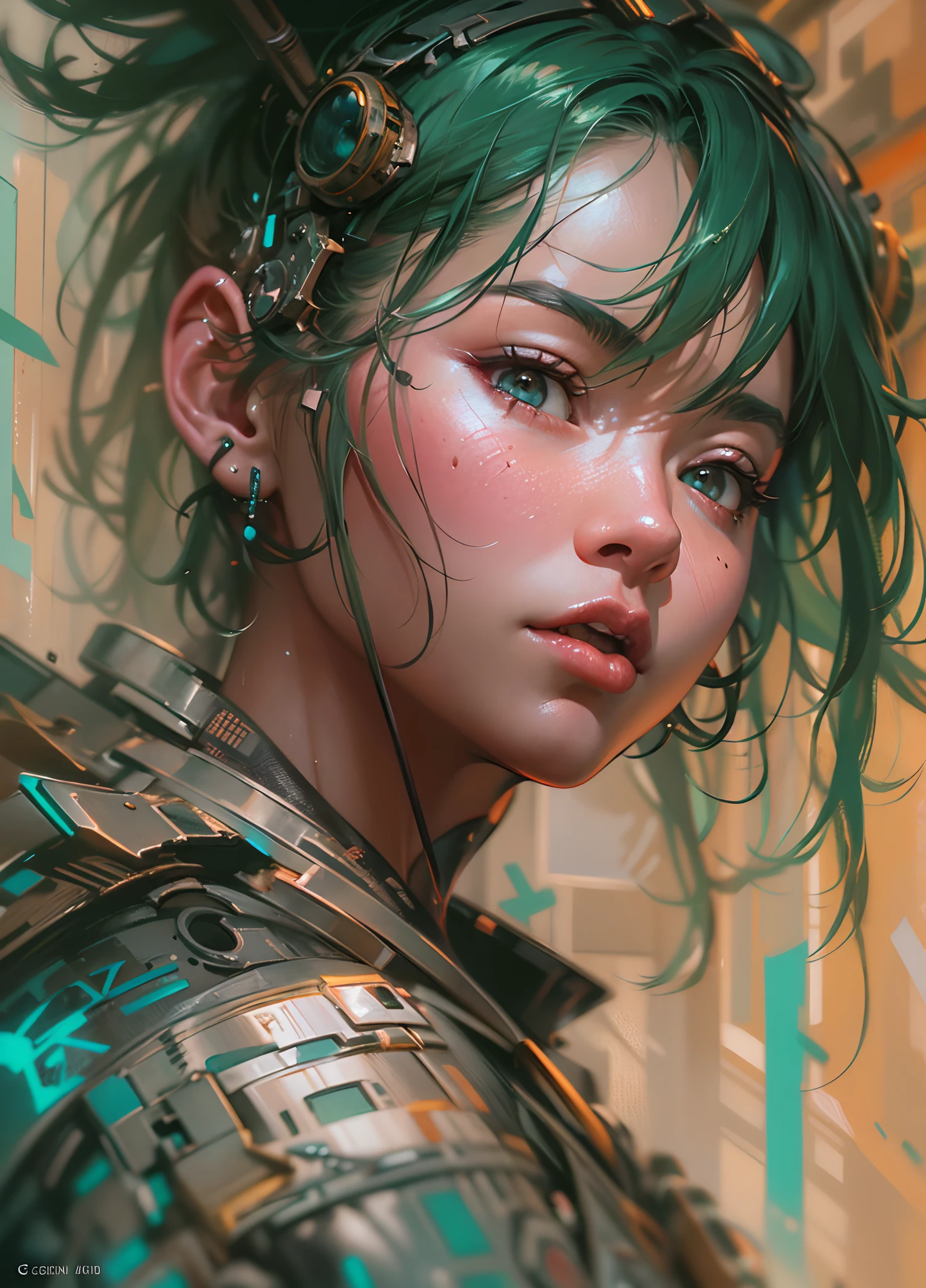 Extreme Close up anime portrait painting of cute asian cyberpunk female, shapeless cyberpunk hair, armor pieces, dynamic pose, elegant pose, bright colors, art by Carne Griffiths and Wadim Kashin Concept art, cyberpunk background, abstract beauty, near perfection, pure form, Golden Ratio, minimalism, unfinished, concept art, By Brian Froud and Carne Griffiths and Wadim Kashin, intricate detail, 8k post-production, High resolution, super Detail, trending on ArtStation, sharp focus, studio photos, intricate detail, Very detailed, By Greg Rutkowski