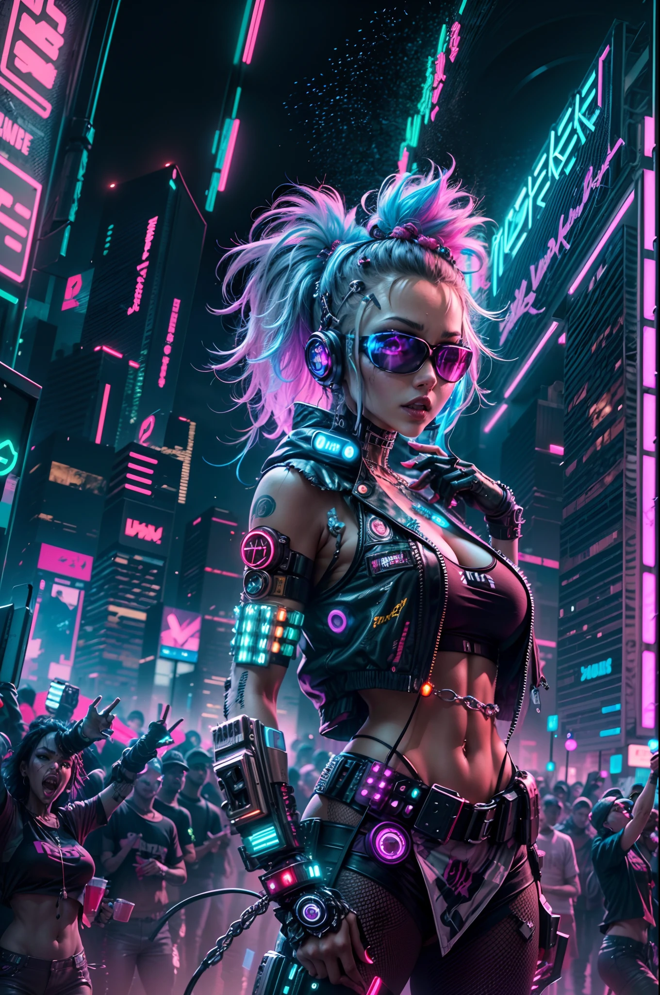(((Cyberpunk universe))), Cyberpunk idol performing on a neon-lit stage, charismatic and energetic, surrounded by a cheering crowd. Futuristic bass sounds add to the electrifying atmosphere. Dressed in cutting-edge cyberpunk fashion, the idol stands out under the vibrant neon lights of the night concert. 🔥 Let the colors of the cyberpunk world come alive.