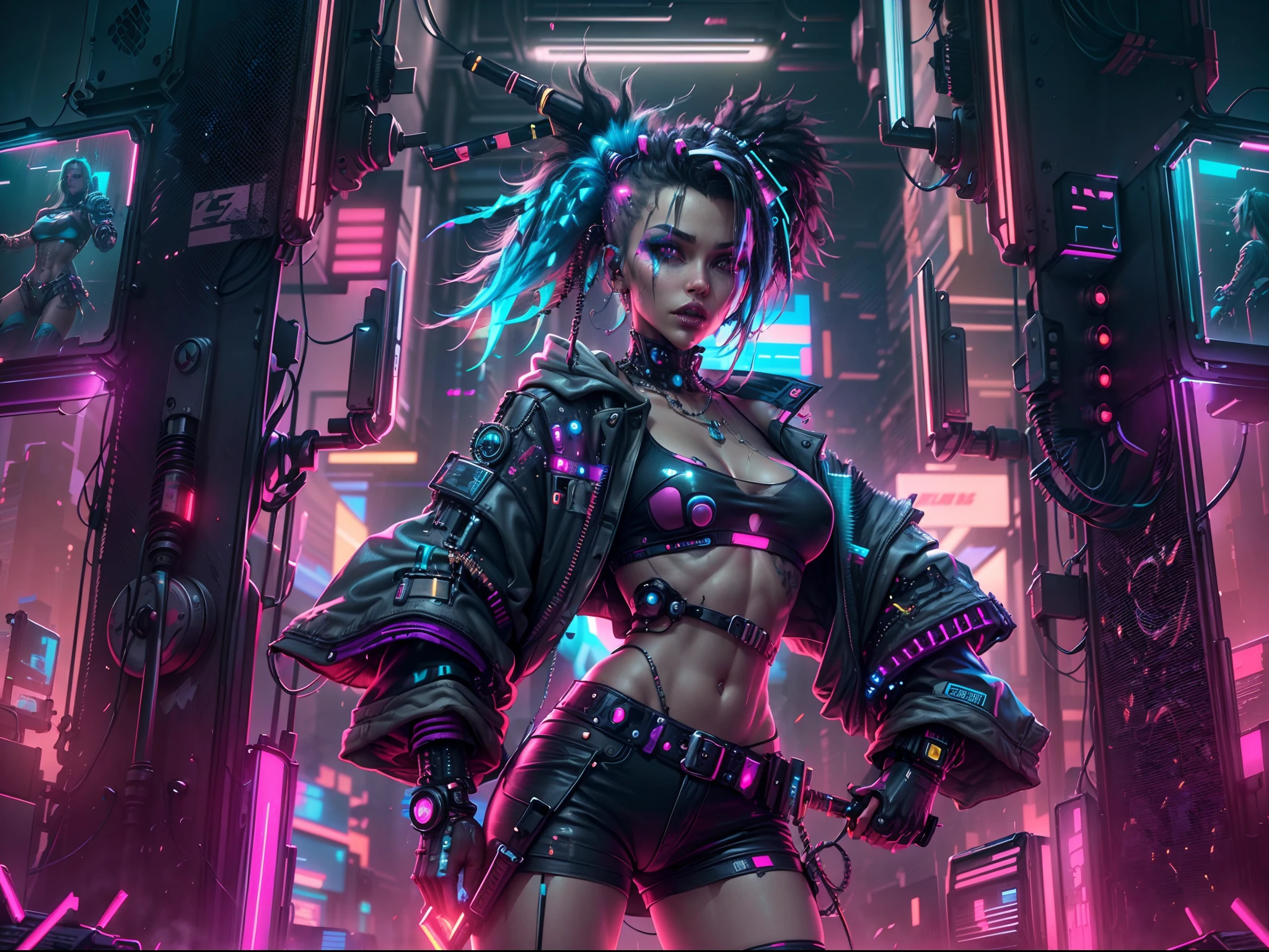 cyber punk Girl,(top-quality、8K、32K、masterpiece、nffsw:1.3)、(The ultra -The high-definition)、(Photorealsitic:1.4)、Raw photography,Charming perfect figure, naked waist, no panties, cyberpunk militech shirt, cat ears, Beautiful and well-groomed face、actionpose:1.2,Detailed cyberpunk fashion、World of Cyberpunk,depth of fields,blurry backround,