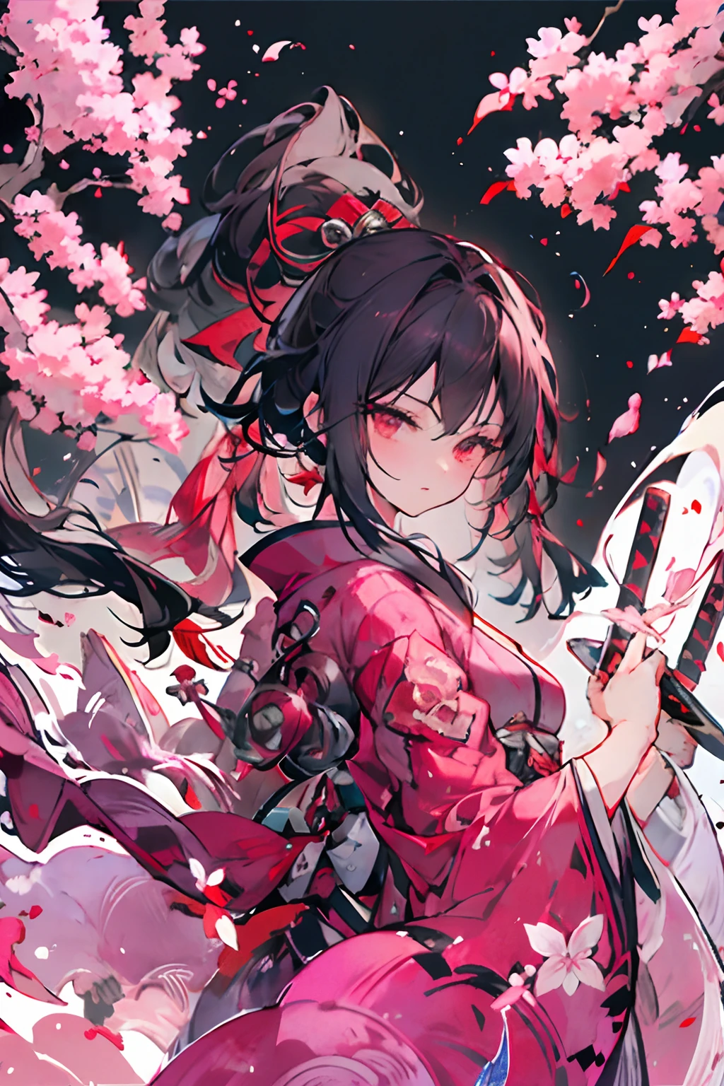 1girl in、nightcity、Sateen、Kimono without sleeves、A dark-haired、Holding a weapon with blood on it、Looking at the camera、Cherry blossoms are dancing,strong con