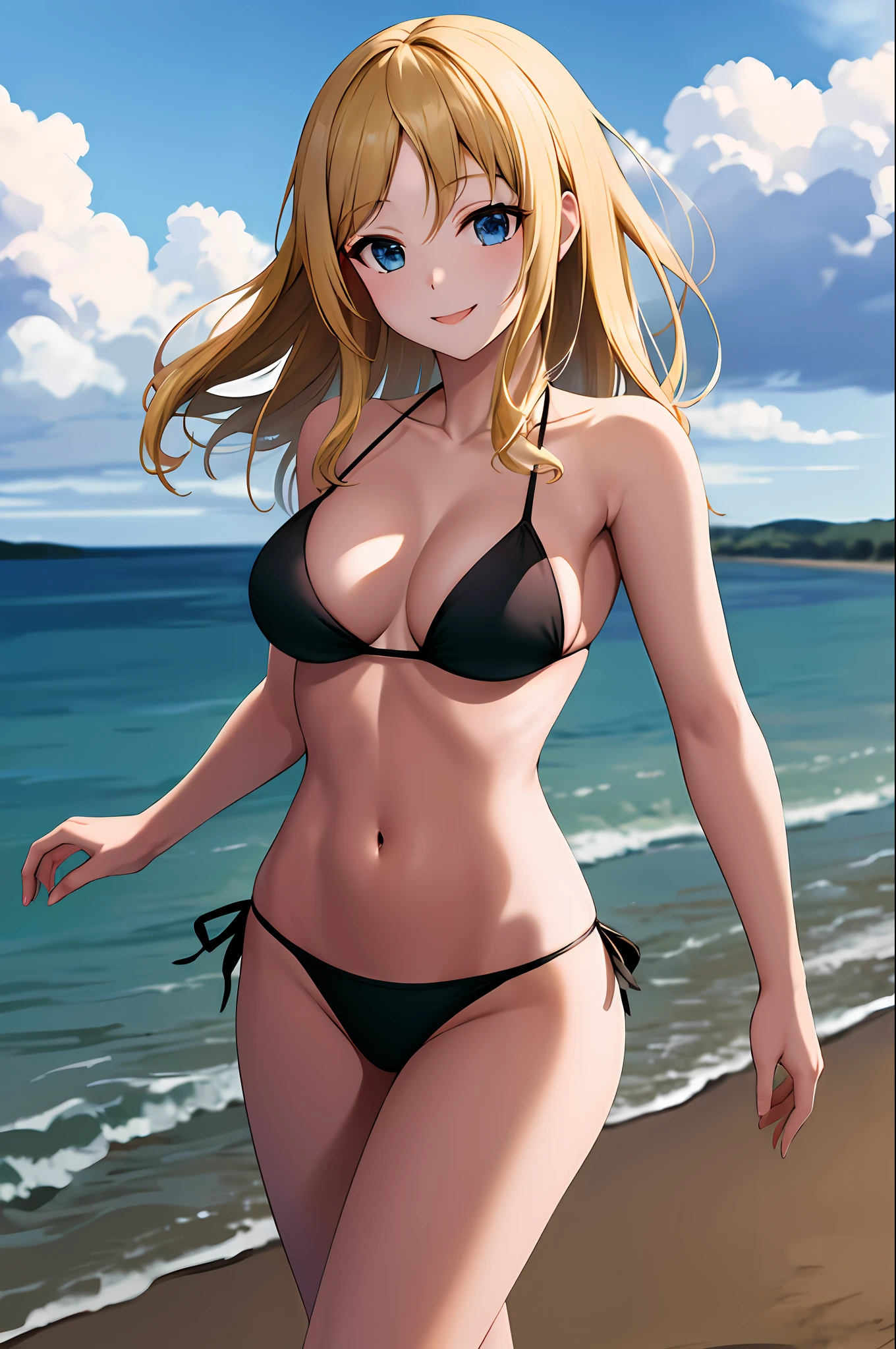 masterpiece, best quality, highres, bbhayasaka, medium breasts, standing, cowboy shot, smile, black bikini, beach