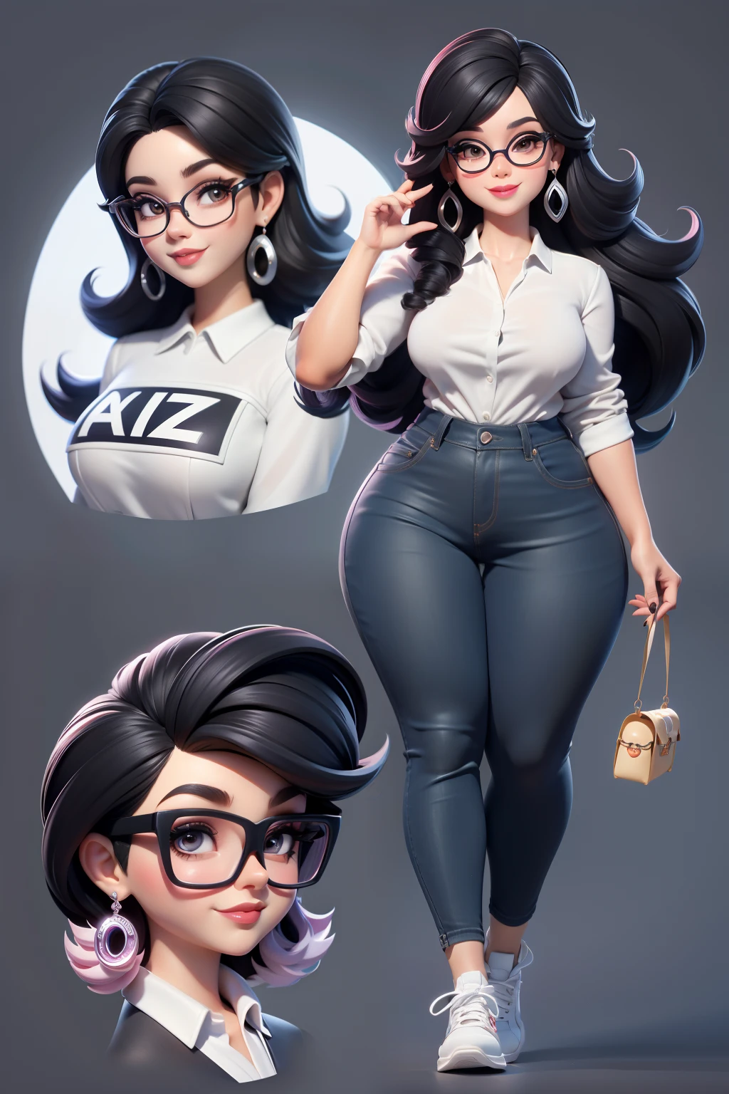 mulher 45 anos de idade estilo princesa disney, olhos castanhos, with black eyeglasses, carnusod lips,rosto largo, varias poses, cabelos castanhos, plus size, sorridente, various poses, wearing jeans, white shirt and sneakers, fofo, Chibi, fundo branco. v 5 --q 2 --v 5 --s 750