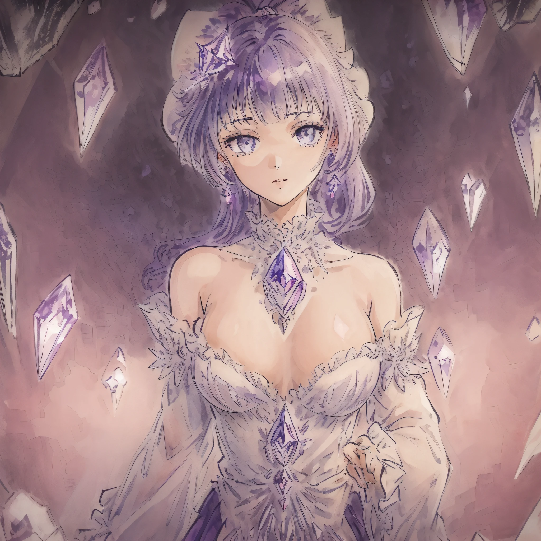 (((crystals texture Hair))),{{{{{extremely detailed CG}}}}},{{8k_wallpaper}},{{{{Crystalline purple gemstone gloves}}}},((beautiful detailed Glass hair)),((Glass shaped texture hand)),((Crystallize texture body)),Gem body,Hands as clear as jewels,Crystallization of clothes,((crystals texture skin)),sparkle, lens flare, light leaks, Broken glass,{{{{Detailed Glass shaped clothes}}}}, ((masterpiece)), (((best quality))), ((ultra-detailed)), ((illustration)), ((disheveled hair)), ((frills)), (1 girl), (solo), dynamic angle, big top sleeves, floating, beautiful detailed gemstone sky, gemstone sea, beautiful detailed eyes, overexposure, side blunt bangs, hairs between eyes, ribbons, bowties, buttons, bare shoulders, (((small breast))), pleated skirt, crystals texture flowers, ((Detailed crystallized clothing)),(gemstone of body),solo focus