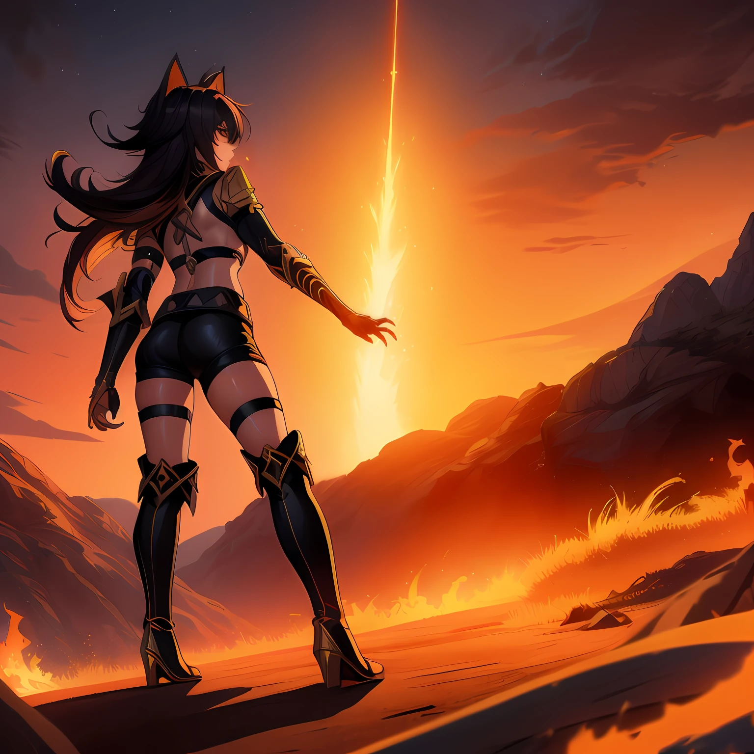 [dehya], [(genshin_impact)], ((masterpiece)), ((solo portrait)), ((back view)), ((cinematic)), ((high quality)), ((High definition)), ((anime)), ((detailed shading)), ((cinematic lighting)), {woman; short eyelashes, long black hair gold highlights, (defined muscular legs), (defined arm muscles)}, {(black shorts, knee high boots, metal claws, leg straps, cat ears}, {(dynamic pose), (pyromancer), (fire from hands) (looking back)}, [Background; (desert), (starry sky), (fire)]