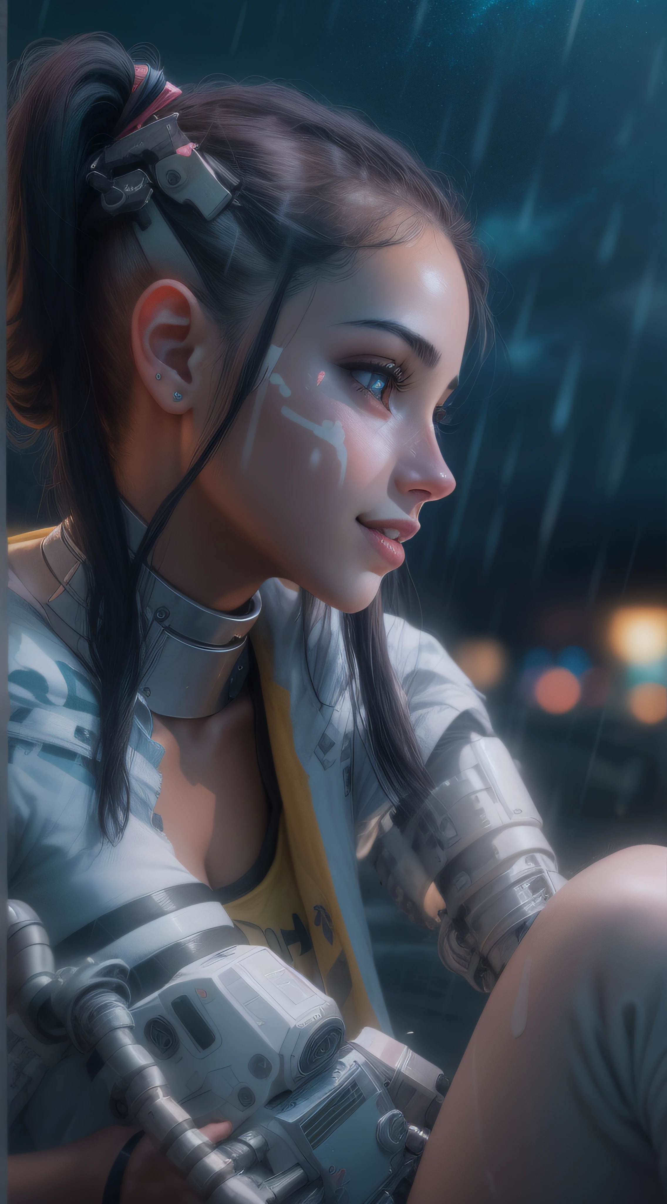 An 18-year-old Egyptian girl smiling, Cabelo pigtails ,molhada, seios grandes ,sensual, wearing a dressed jumpsuit, with cybernetic prosthetics Camera angle from bottom to top, sitting on the floor, in the rain with the sky the starry cloudy, 8K Ultra realista