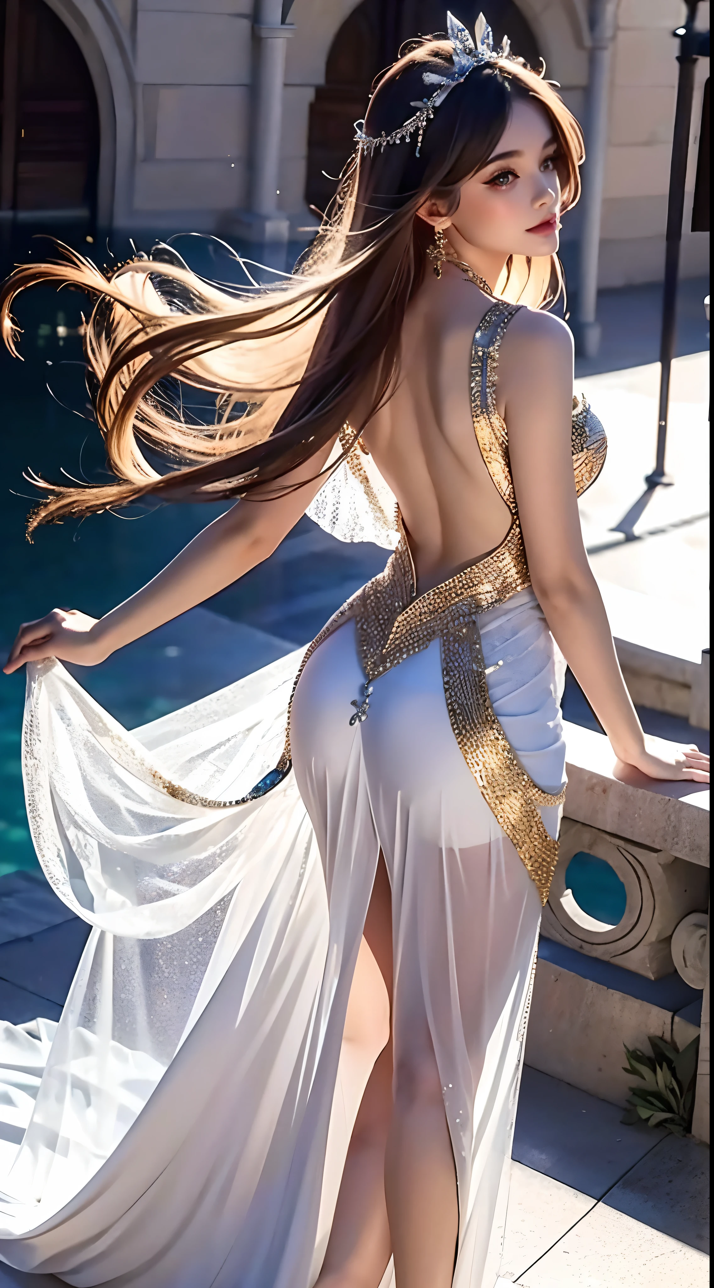 4K Ultra HD, Masterpiece, Cute  s, Nice face, Detailed Eyes, Liquid Lipstick, Long hair, Hair spreads, necklaces, beautiful dress, long dress, wedding dress, Gold, highlights, lighting effects, glittering, realistic background, Natural background, blossom, sunlights, mountains, Full-body capture, You can see the bridge, in the castle, view from behind, Glass Slipper