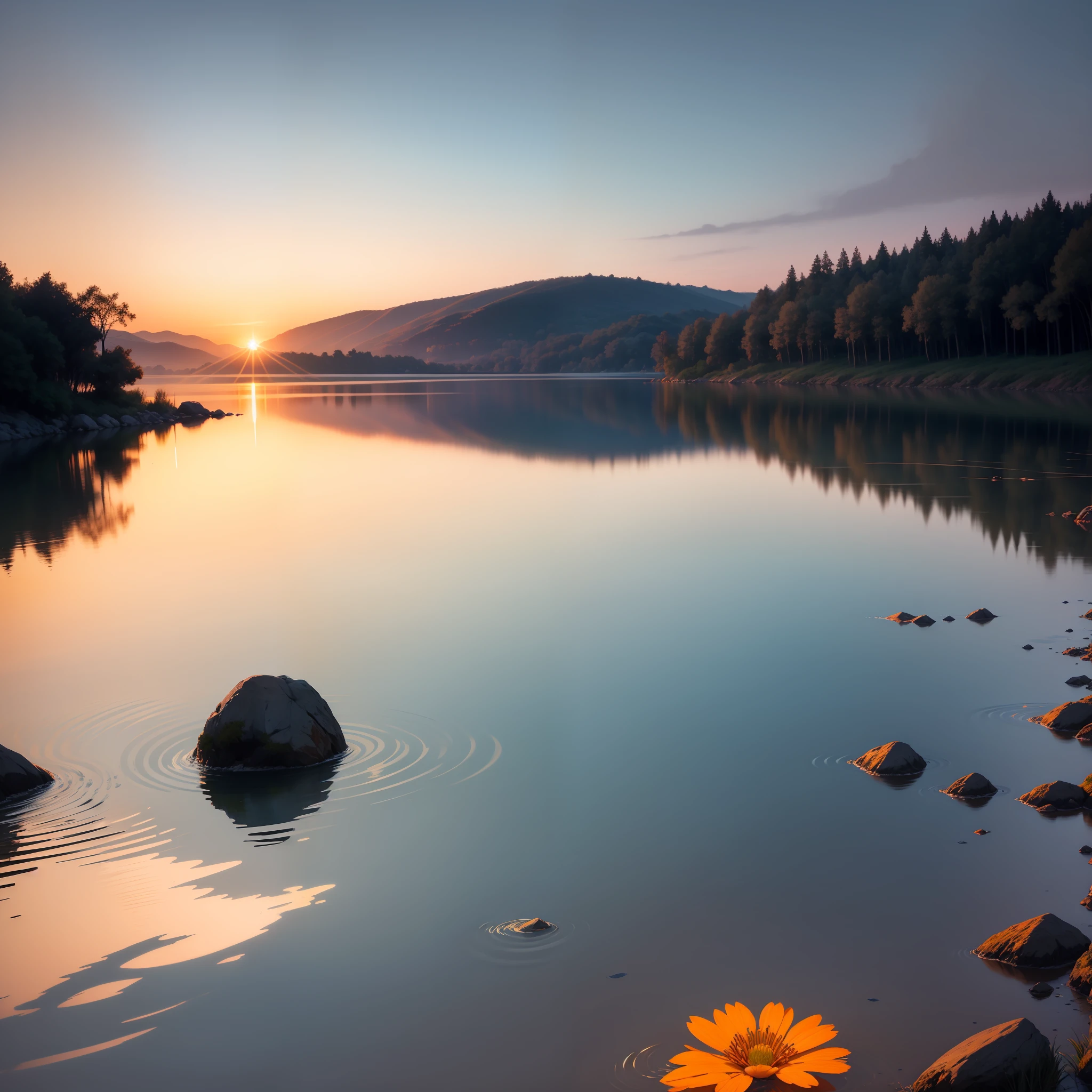 Draw a dawn with soft shades of orange and blue, reflecting on a calm body of water