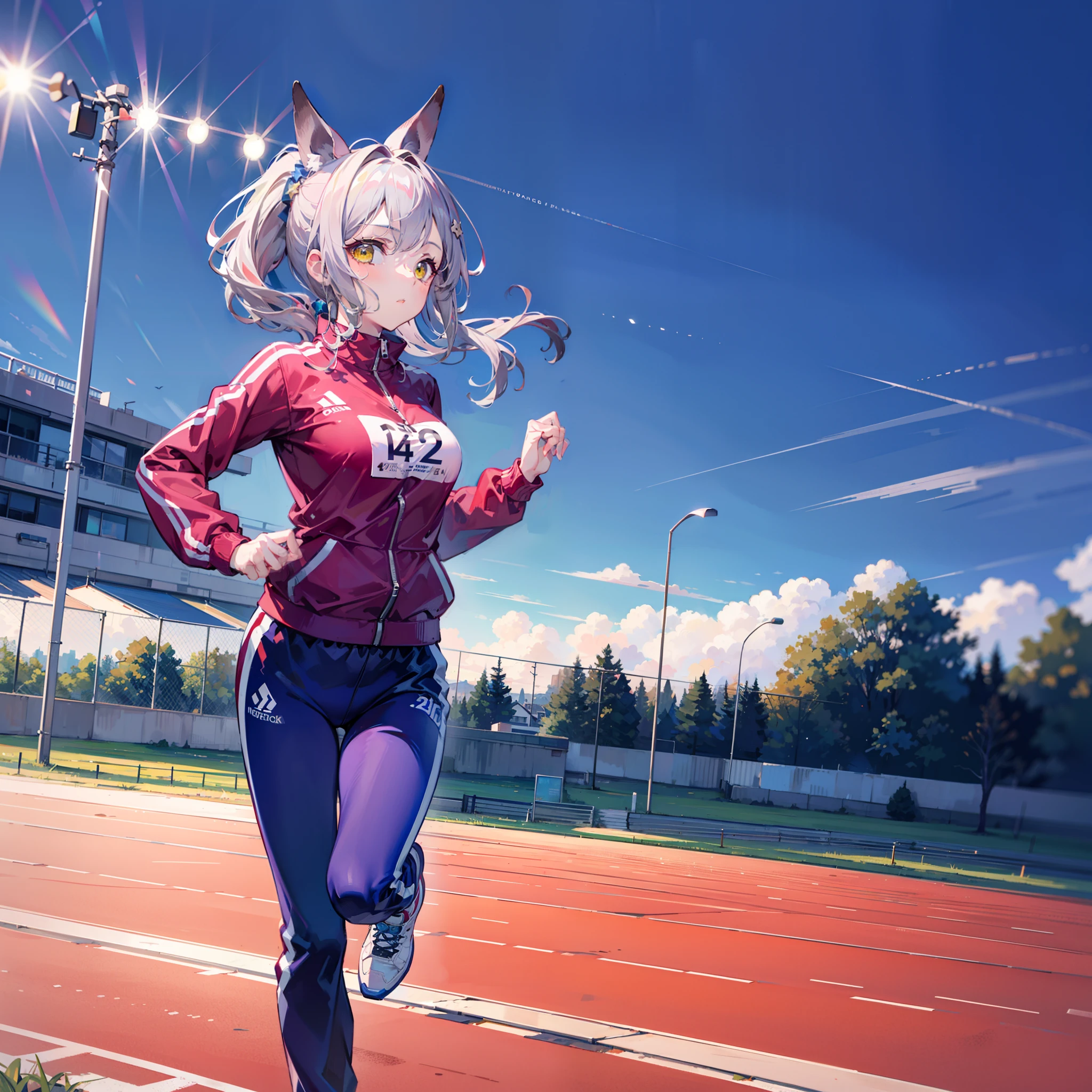 Masterpiece, Best quality, High quality, 1girll，Solo, Male focus, view the viewer, White horse ears，White single ponytail，yellow eyes，facing to audience，medium boob，conservativelydressed，track suit，shorter pants，running track，Ears stand upright，perspire，jogging