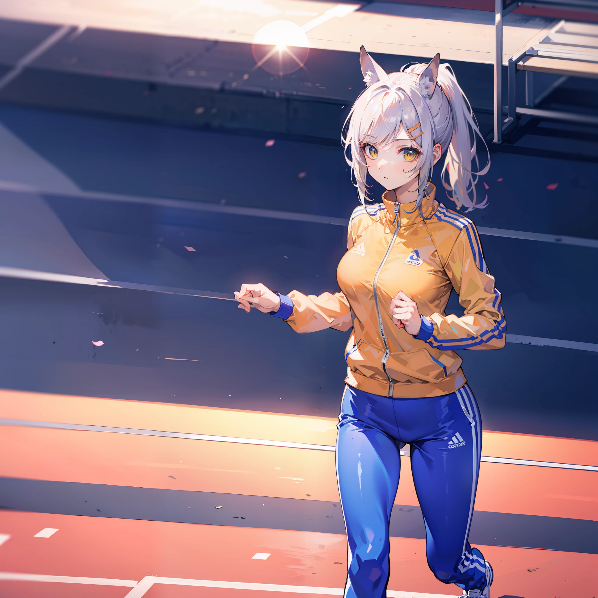 Masterpiece, Best quality, High quality, 1girll，Solo, Male focus, view the viewer, White horse ears，White single ponytail，yellow eyes，facing to audience，medium boob，conservativelydressed，track suit，shorter pants，running track，Ears stand upright，perspire，jogging