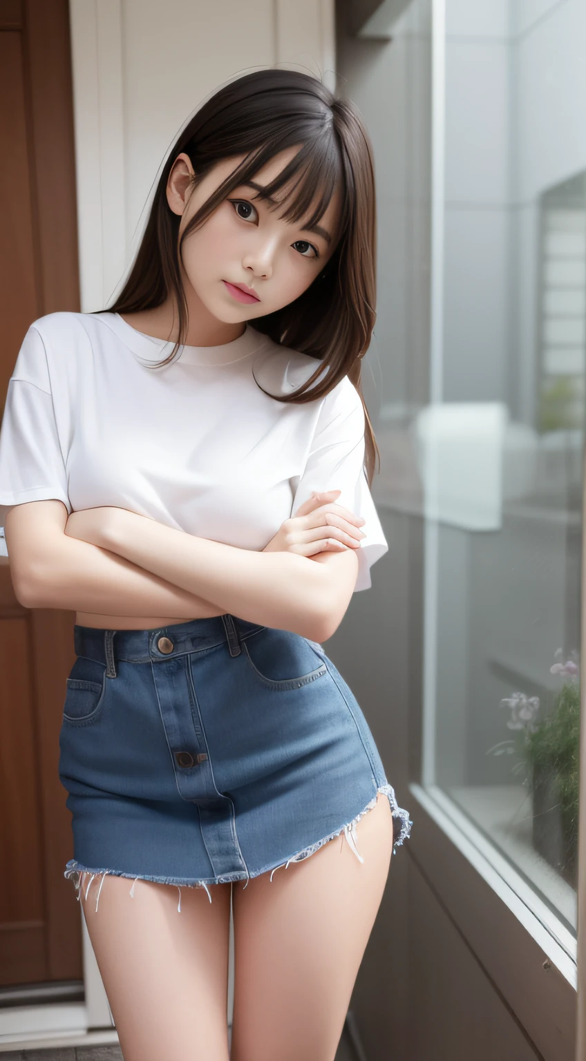 ((cameltoe:1.3, Camel toe-like crotch、Erect small nipples))、arms behind back, ((White T-shirt))、Denim shorts、Dressed、(Photo realistic:1.4)、(hyper Realistic:1.4)、(Realistic:1.3)、 (Smoother lighting:1.05)、(映画の照明Improvement of quality:0.9)、32k、Glowing Skin、 One Girl、20-year-old girl、Realistic lighting、Backlight、Facial Light、Ray-tracing、(Bright light:1.2)、(Improvement of quality:1.4)、 (Highest quality real texture skins:0.3)、Finely grained、Detailed painted face、Quality Eyes