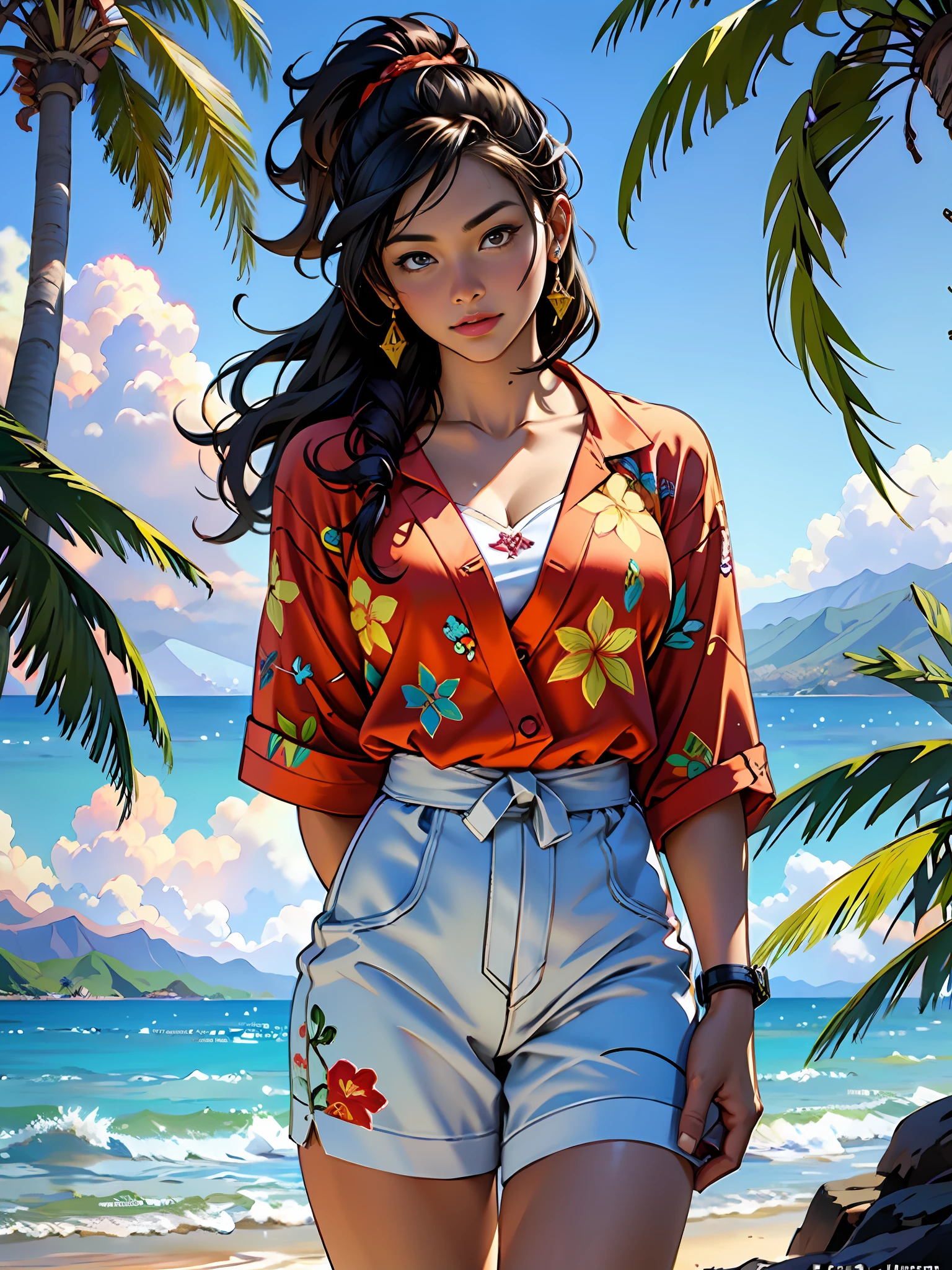 Hawaii Lahaina burning fire in the back, 1 girl painting from the water view, style by Jaime Frias, Best quality, realistic, award-winning illustration in color, (complicated detail: 1.2), (fine detail)