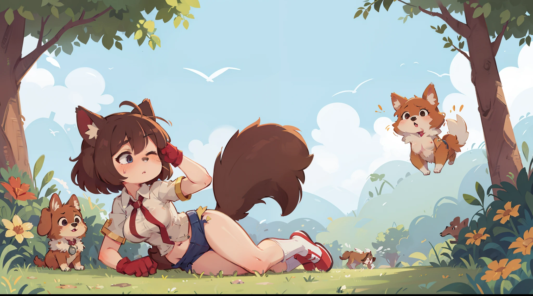 Anthro female, solo focus, female, dog, skimpy armor, knee high socks, gloves, furry, furry body, dog head, dog ears, cute, wide hips, breast, bouncy, cute, blushing, eyes close, neutral expression, woods, fields, sky, airship