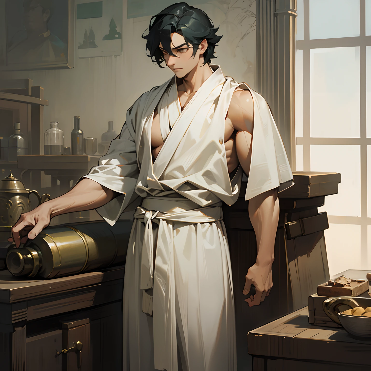 peplos, Greek clothes, Mature male, Muscular, Blacksmith, Masterpiece, absurderes, finedetail, hdr, Solo, Anime fantasy style, The upper part of the body