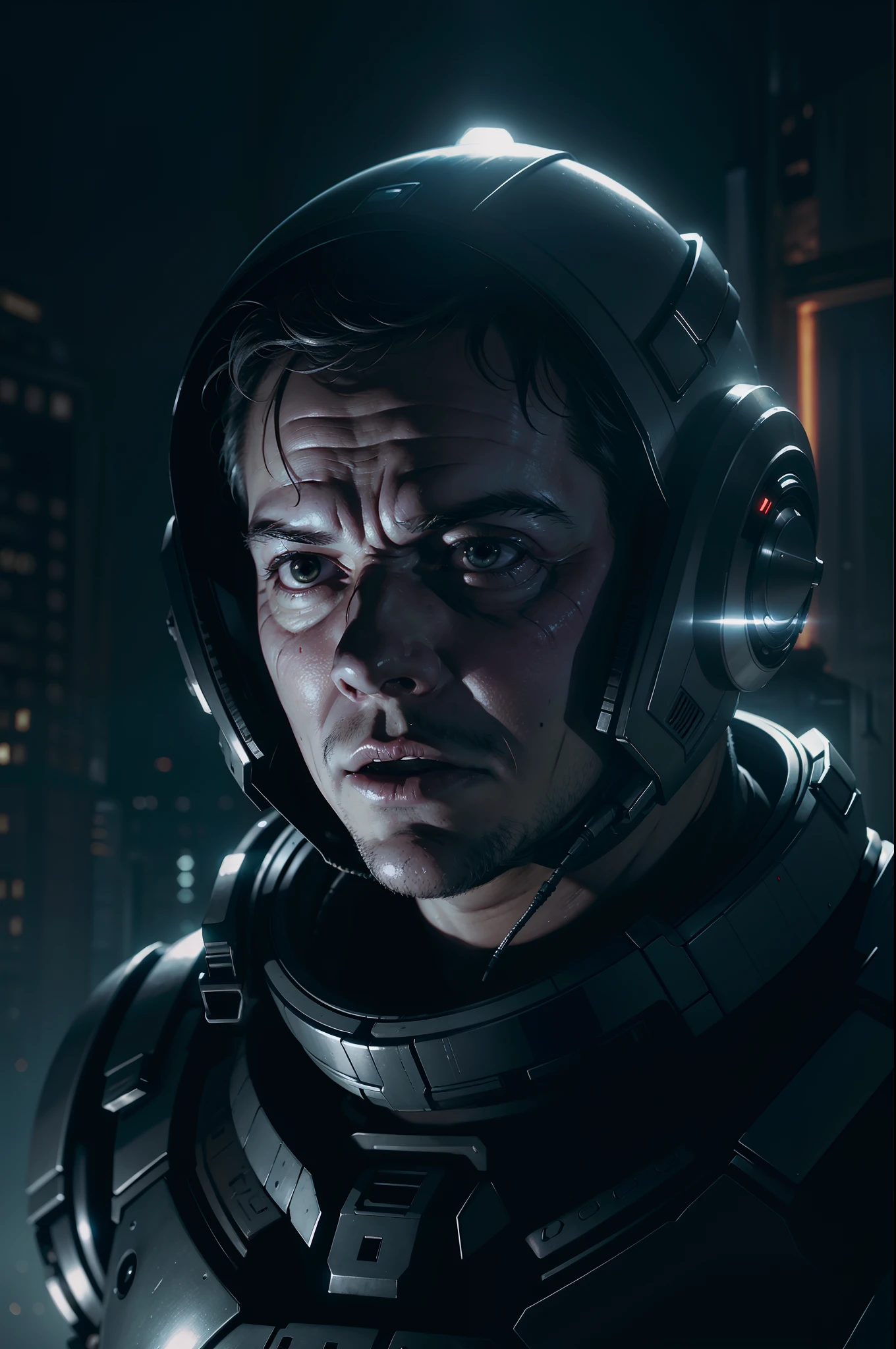 Sci Fi Horror Dead Space Matt Damon on Ishimura Haunted sci fi Space Ship photography, photorealism, shiny skin, cinematic rendering, ray tracing, the highest quality, the highest detail, Cinematic, Third-Person View, Blur Effect, Long Exposure, 8K, Ultra-HD, Natural Lighting, Moody Lighting, Cinematic Lighting