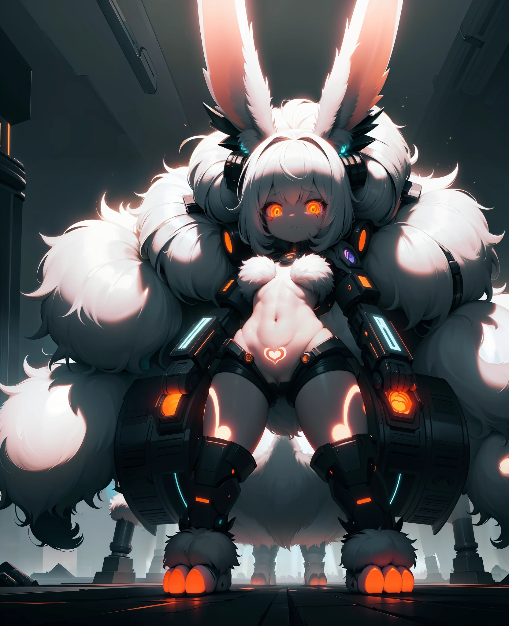 bunnytech ,   fluffy , monster girl, 
1girl, tattoos, glowing tattoos, glowing eyes, glowing hair , full body,  black, 
  demonictech,