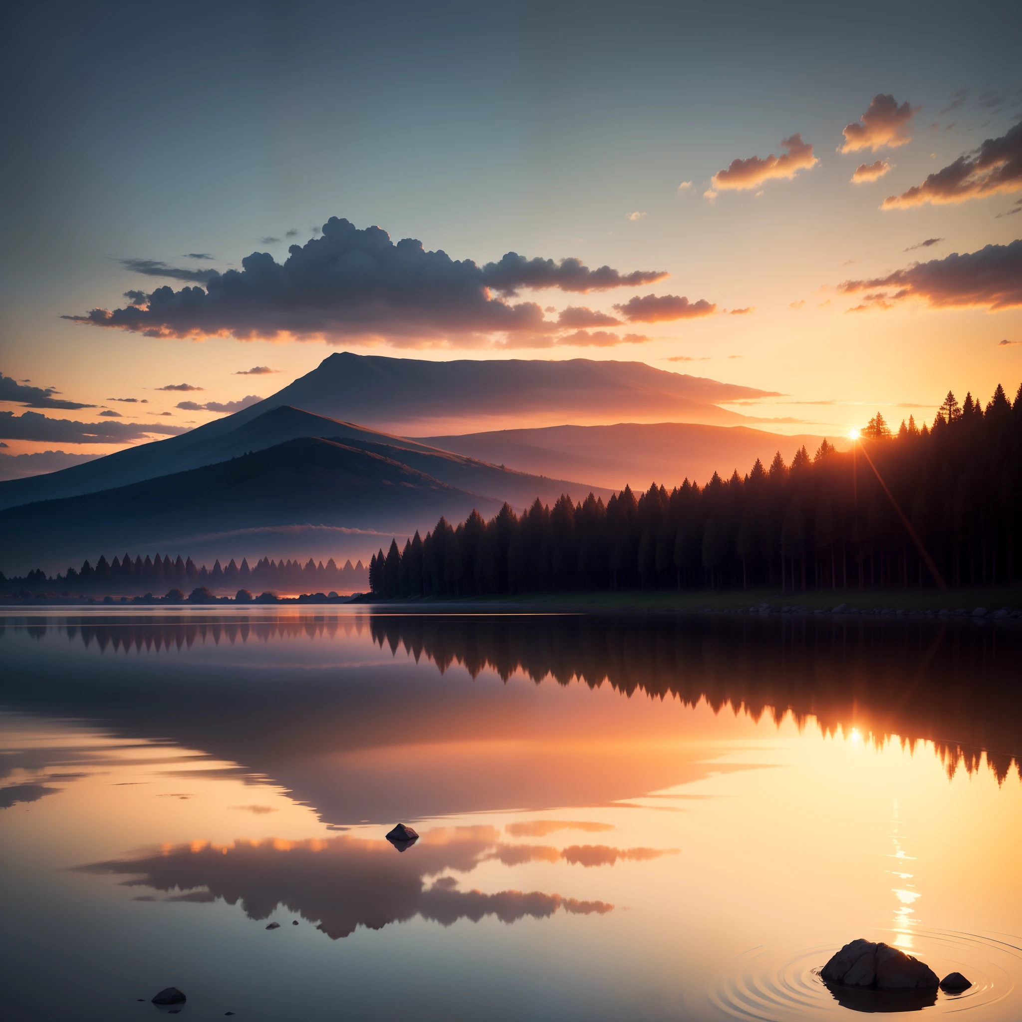Draw a dawn with soft shades of orange and blue, reflecting on a calm body of water