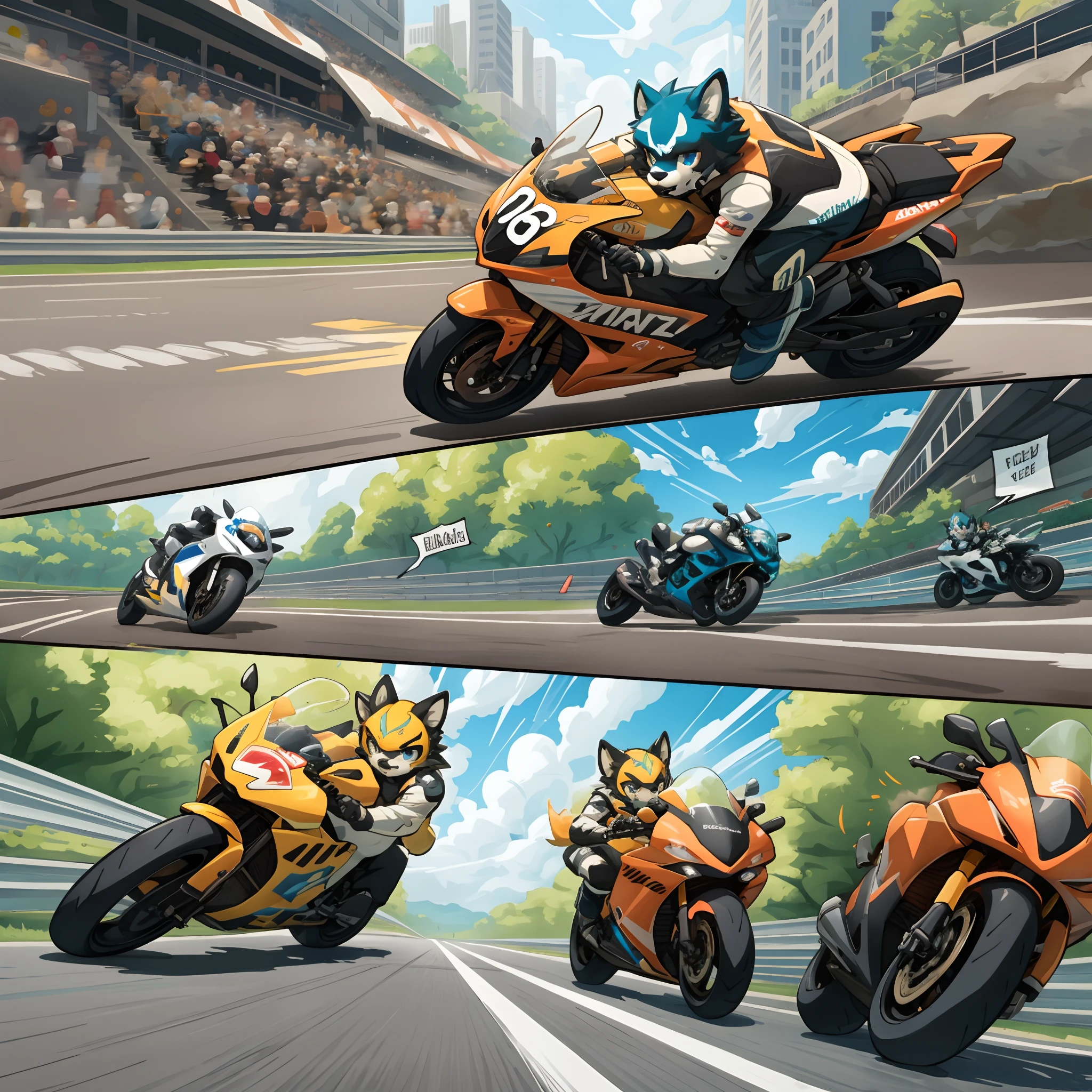 top quality, best quality, highres, masterpiece, motorcycle, racing, 6+boys, 6+girls, absurdres(highly detailed beautiful face and eyes)perfect anatomy, good lighting, cinematic shadow(kemono, furry anthro)assorted expressions, assorted poses, assorted angles, dynamic angles(motion blur, motion line, Racing manga Bold cartoon-like panel layouts, speech balloon, Hand-drawn sound effects stickers used in hentai comic),