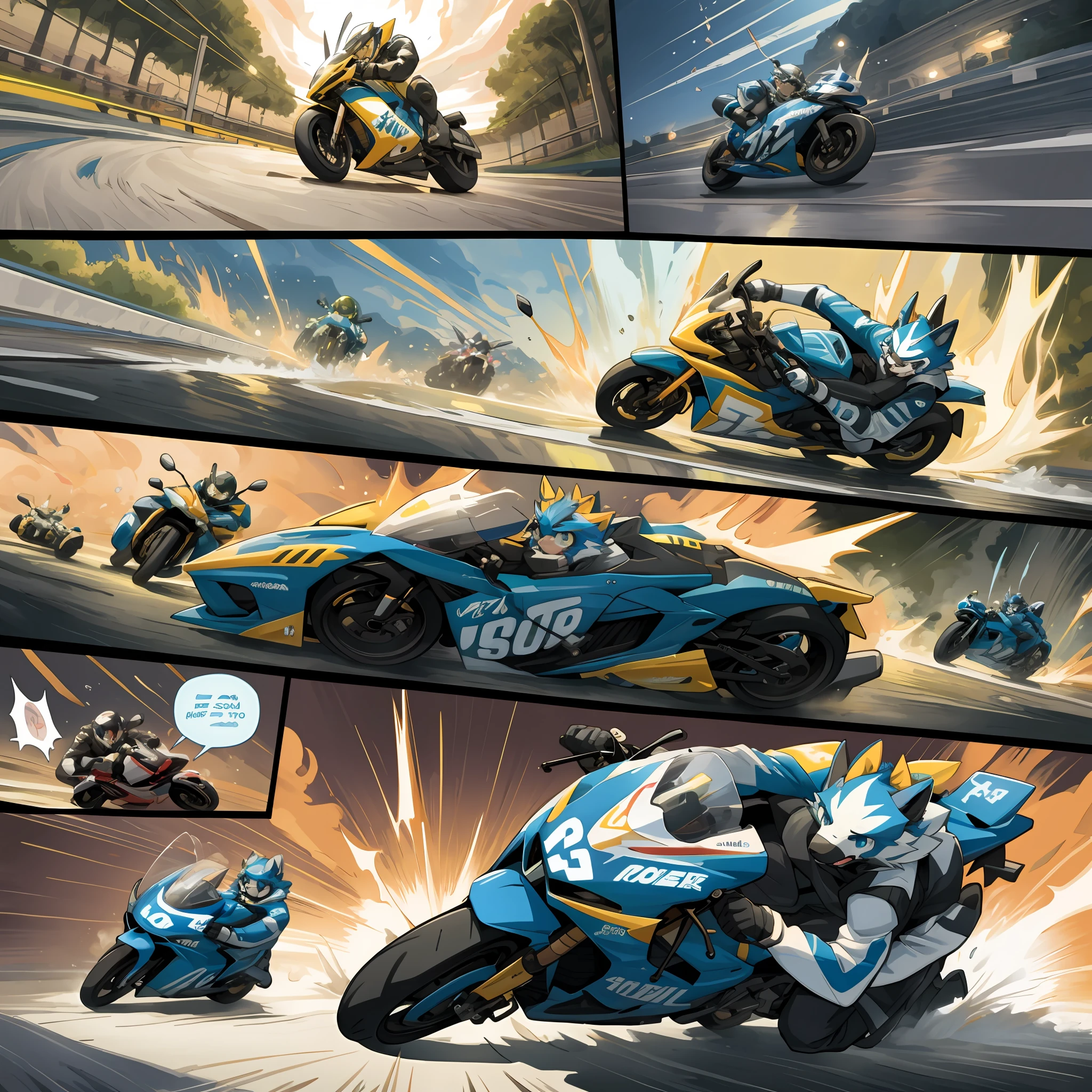 top quality, best quality, highres, masterpiece, motorcycle, racing, 6+boys, 6+girls, absurdres(highly detailed beautiful face and eyes)perfect anatomy, good lighting, cinematic shadow(kemono, furry anthro)assorted expressions, assorted poses, assorted angles, dynamic angles(motion blur, motion line, Racing manga Bold cartoon-like panel layouts, speech balloon, Hand-drawn sound effects stickers used in hentai comic),