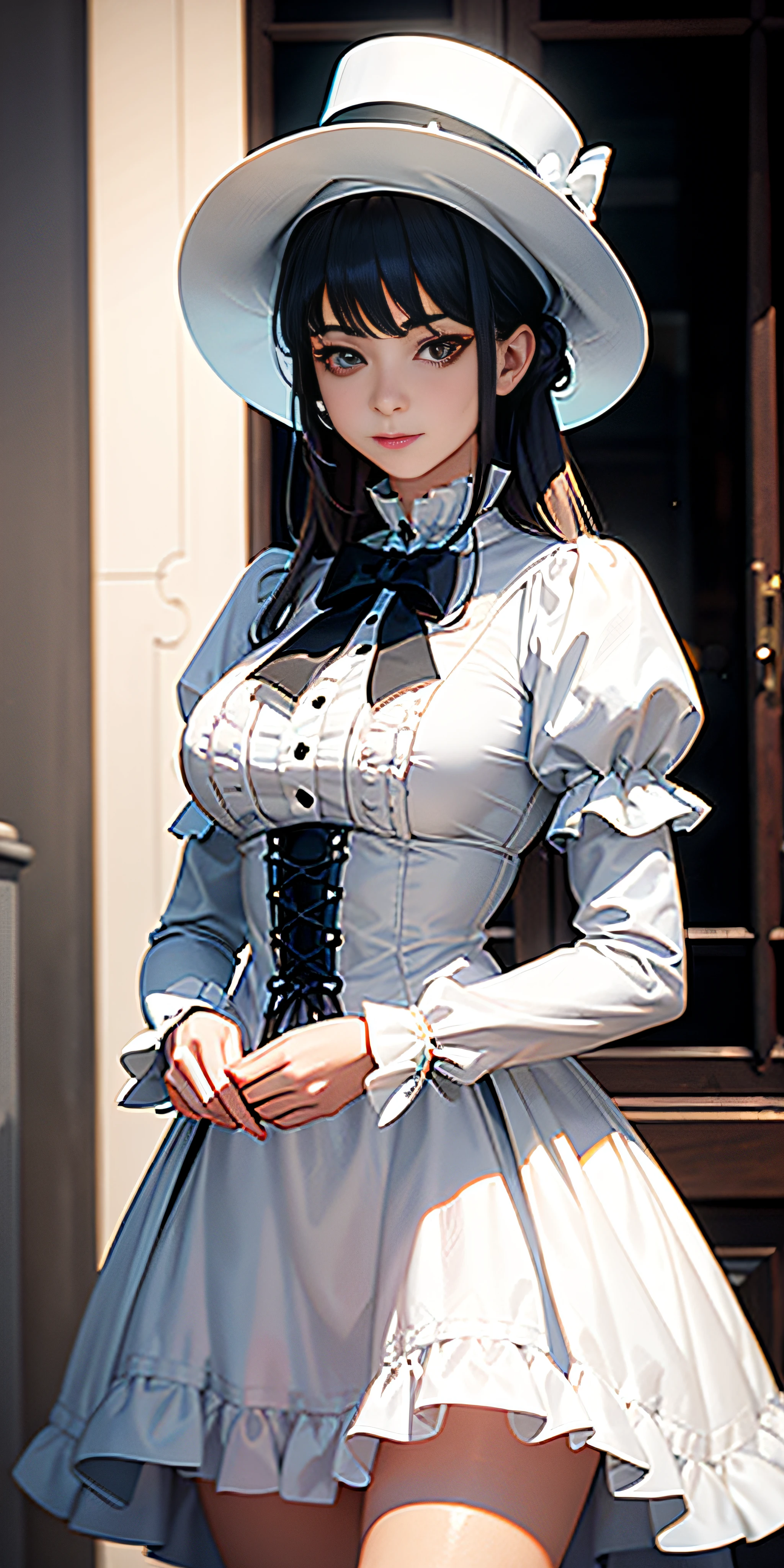22-year-old woman in white Victorian hat: de Copa Steampunk, iluminacion natural lateral,  contraste balnco negro, camara CANON eos profesional lens 50mm