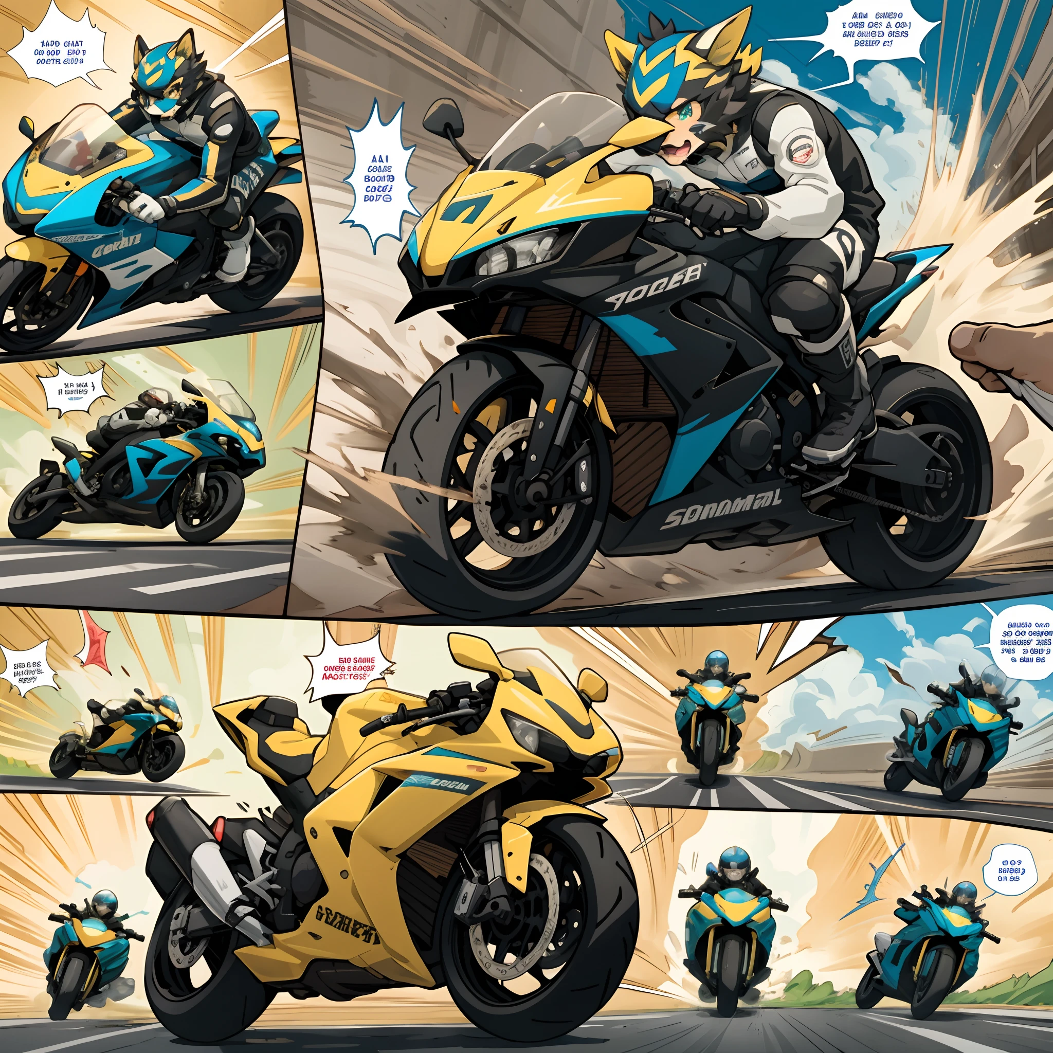 top quality, best quality, highres, masterpiece, motorcycle, racing, 6+boys, 6+girls, absurdres(highly detailed beautiful face and eyes)perfect anatomy, good lighting, cinematic shadow(kemono, furry anthro)assorted expressions, assorted poses, assorted angles, dynamic angles(motion blur, motion line, Racing manga Bold cartoon-like panel layouts, speech balloon, Hand-drawn sound effects stickers used in hentai comic),