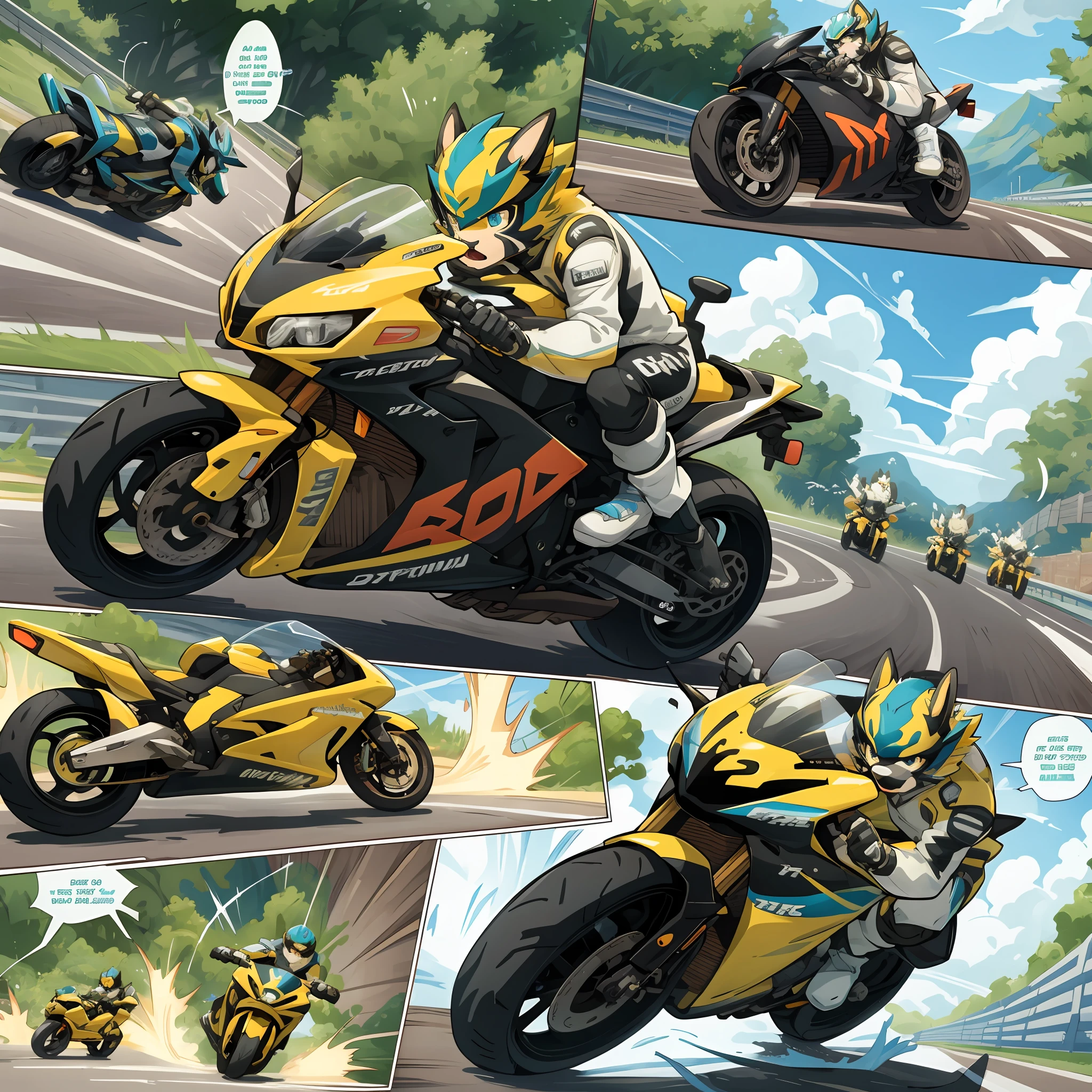 top quality, best quality, highres, masterpiece, motorcycle, racing, 6+boys, 6+girls, absurdres(highly detailed beautiful face and eyes)perfect anatomy, good lighting, cinematic shadow(kemono, furry anthro)assorted expressions, assorted poses, assorted angles, dynamic angles(motion blur, motion line, Racing manga Bold cartoon-like panel layouts, speech balloon, Hand-drawn sound effects stickers used in hentai comic),