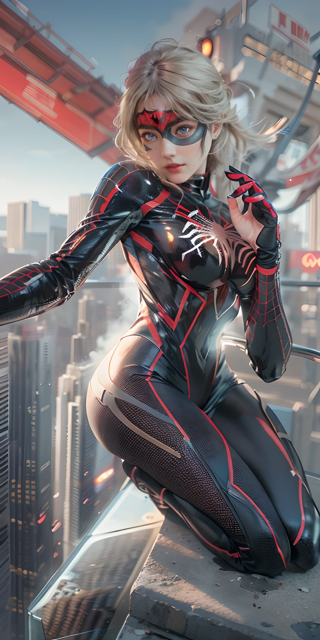 Female Spider-Man Gwen,white suit,Black spider symbol,Ballet Shoes,golden ratio body, flexible body,calm expression,New York City at night,Handsome gestures,heroism,Majestic look,abs、perfect body、perfect face、perfect hands、perfect fingers、perfect lips、perfect eyes、perfect background、perfect atmosphere、professional quality、8K、perfect photo shoot、highest resolution、covered nipples、covered camel toe、