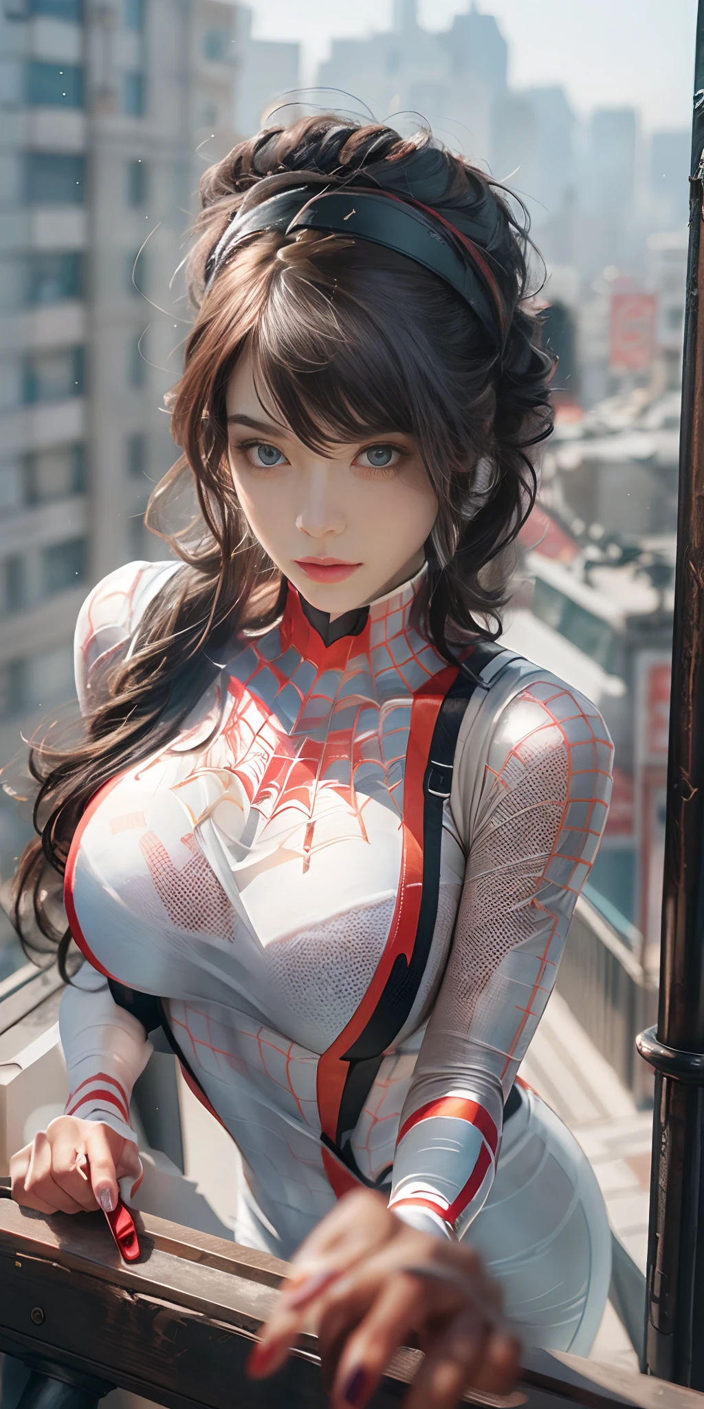 (1girl:1.3), Solo, (((Very detailed face)))), ((Very detailed eyes and face)))), Beautiful detail eyes, Body parts__, Official art, Unified 8k wallpaper, Super detailed, beautiful and beautiful, beautiful, masterpiece, best quality, original, masterpiece, super fine photo, best quality, super high resolution, realistic realism, sunlight, full body portrait, amazing beauty, dynamic pose, delicate face, vibrant eyes, (from the front), She wears Spider-Man suit, red and black color scheme, spider, very detailed city roof background, rooftop, overlooking the city, detailed face, detailed complex busy background, messy, gorgeous, milky white, highly detailed skin, realistic skin details, visible pores, clear focus, volumetric fog, 8k uhd, DSLR, high quality, film grain, fair skin, photo realism, lomography, futuristic dystopian megalopolis, translucent