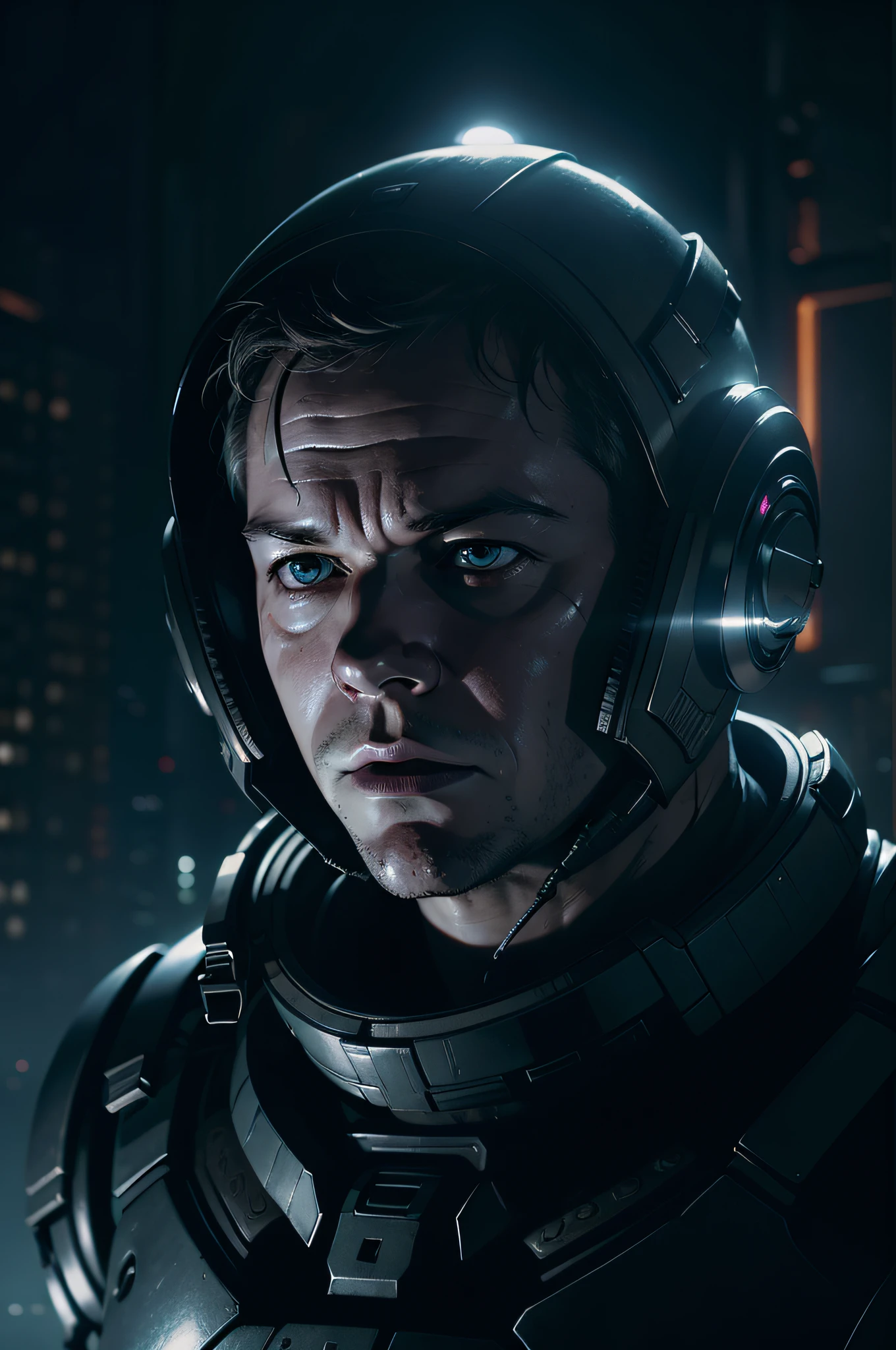 Sci Fi Horror Dead Space Matt Damon on Ishimura Haunted sci fi Space Ship photography, photorealism, shiny skin, cinematic rendering, ray tracing, the highest quality, the highest detail, Cinematic, Third-Person View, Blur Effect, Long Exposure, 8K, Ultra-HD, Natural Lighting, Moody Lighting, Cinematic Lighting