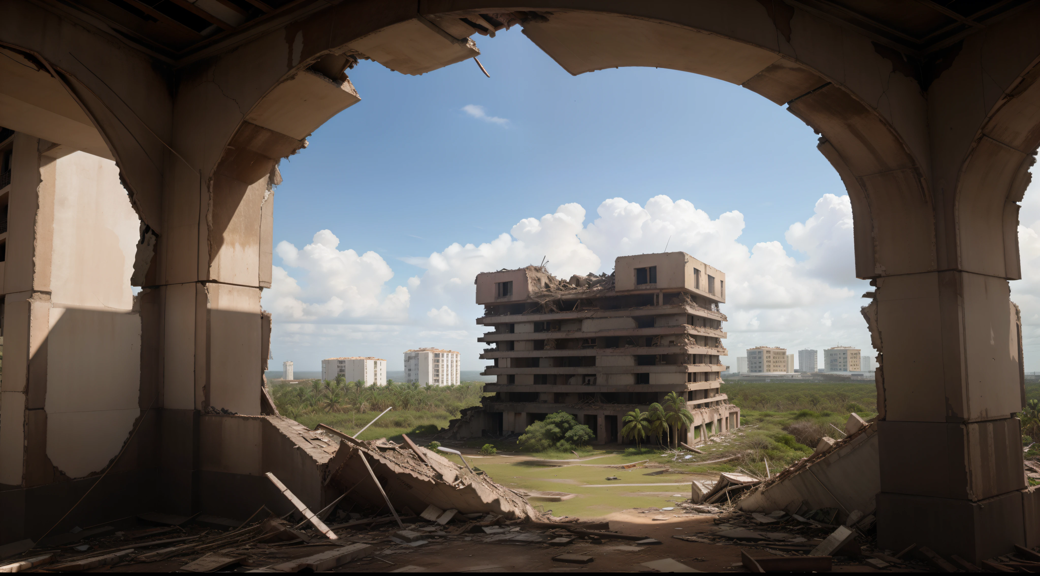 8k, Ultra Resolution, Unique work, edificios destruidos, ciudad, vegetation in all buildings, deshabitado, destruido, After a nuclear catastrophe, Ruins covered with vegetation, desolado, ruinas definidas, naturaleza definida, caos