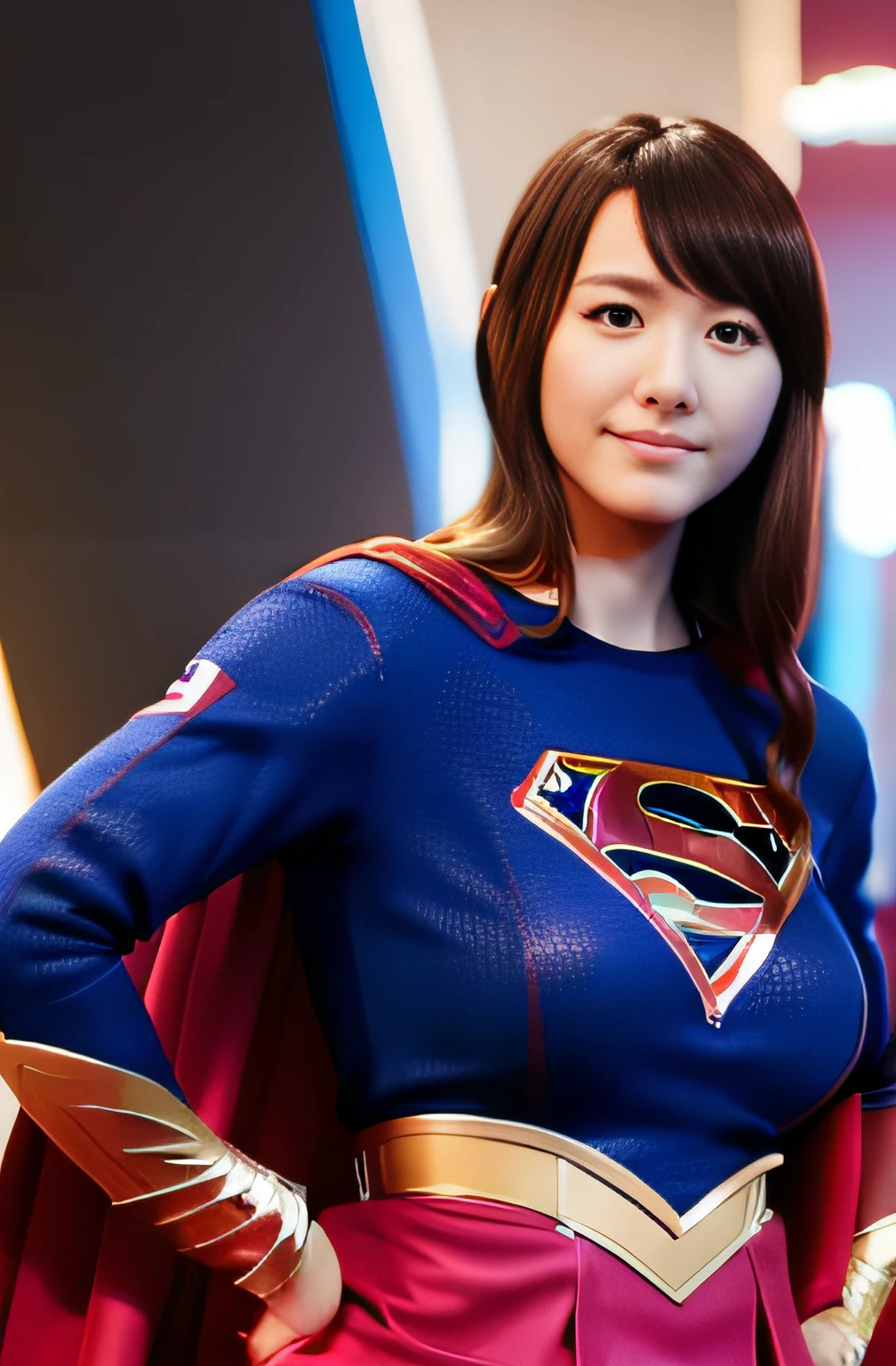 masterpiece、Supergirl Cosplay、Ultra mini skirt、Navel out、Hands on the hips、large full breasts、Colossal tits、Looking at the camera、gloss、Body Conscious