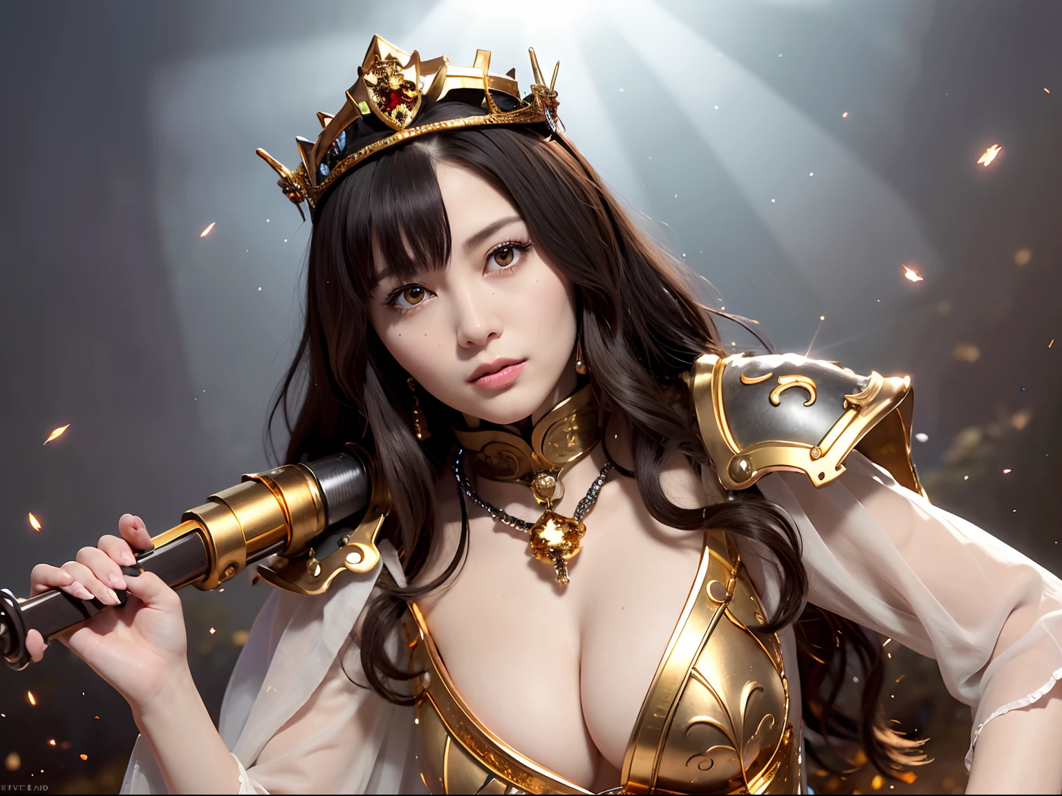 (masutepiece), Professional , masterpiece、top-quality、photos realistic , depth of fields (Gemstone Silver Metal Body:1.9),(Matte White、Particles of light、Jewel Gold Weapon(Jewel Metal Body:1.4),Gorgeous Jewel Metal Weapons , Detailed Sword of the Brave ,( Soldier background in metal armor) ,warhammer 40k , adepta sororitas,Detail and ornate jewel crown、独奏、Black hair、Gangle's forest background、Beautiful Caucasian beauty、1a person、dynamic ungle,(((Diamond tiara with detail and luxury)))、a small face、A smile、Powerful poses、(Gorgeous castle background)、huge-breasted、20 year old beautiful woman、Stand in the center of the screen、Thin female fingers、Seductive look、