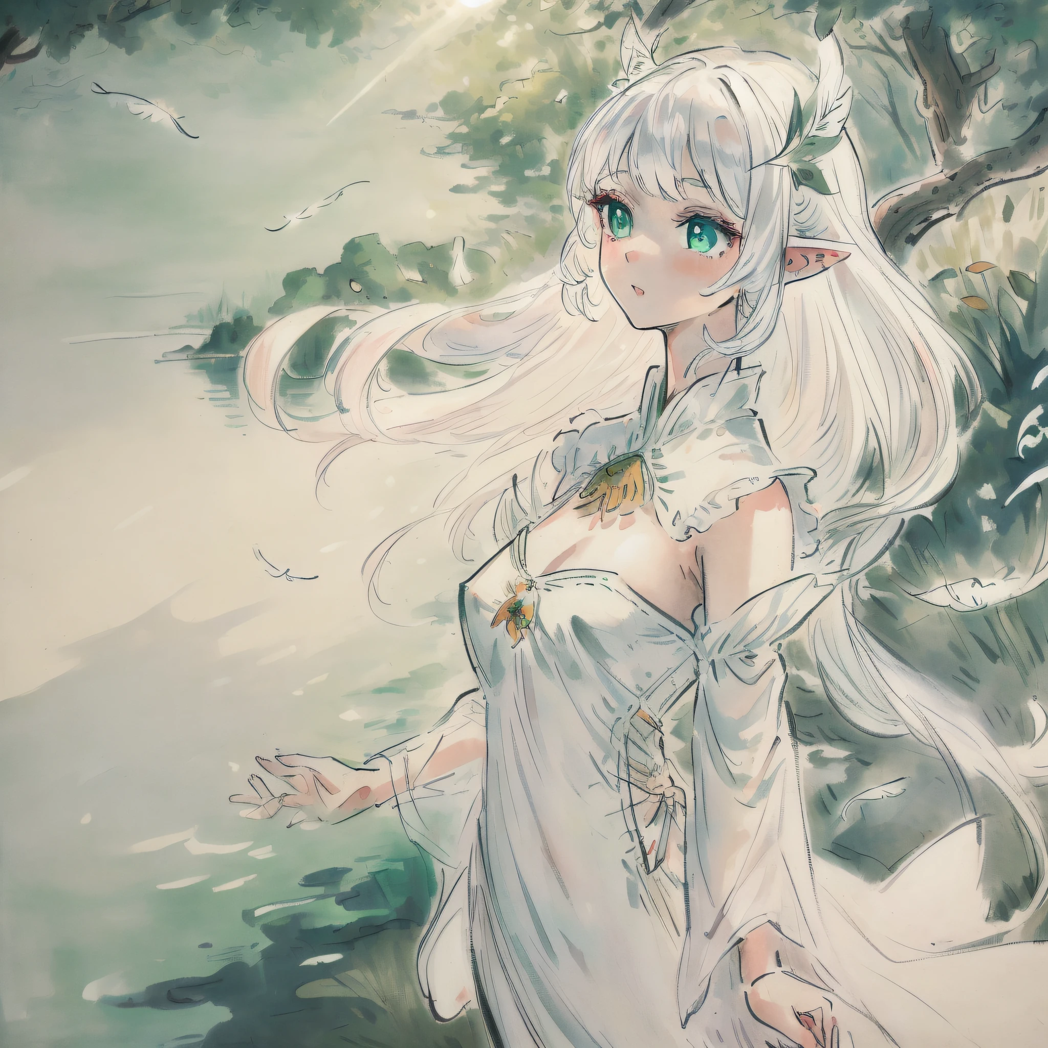 (((masterpiece))), (((best quality))), ((ultra-detailed)), (illustration), ((an extremely delicate and beautiful)),dynamic angle,floating, (beautiful detailed eyes), (detailed light) (1girl), loli, small_breasts, floating_hair,  glowing eyes, pointy_ears, white hair, green eyes,halter dress, feather, leaves, nature, (sunlight), river, (forest),(painting),(sketch),(bloom)