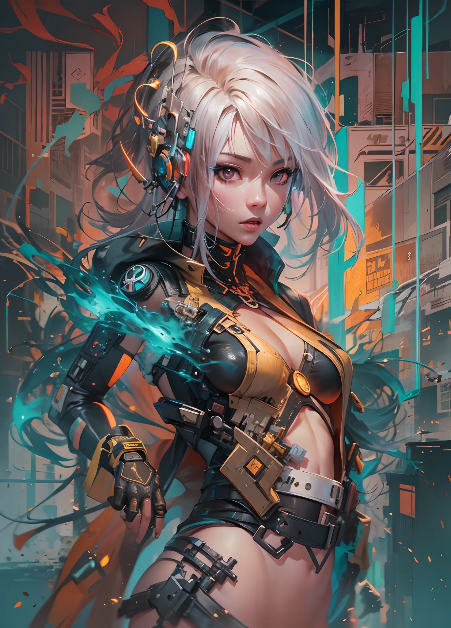 anime painting of cute asian cyberpunk female, shapeless cyberpunk hair, dynamic pose, elegant pose, bright colors, art by Carne Griffiths and Wadim Kashin Concept art, cyberpunk background, abstract beauty, near perfection, pure form, Golden Ratio, minimalism, concept art, intricate detail, 8k post-production, High resolution, super Detail, trending on ArtStation, sharp focus, studio photos, intricate detail, Very detailed, By Greg Rutkowski