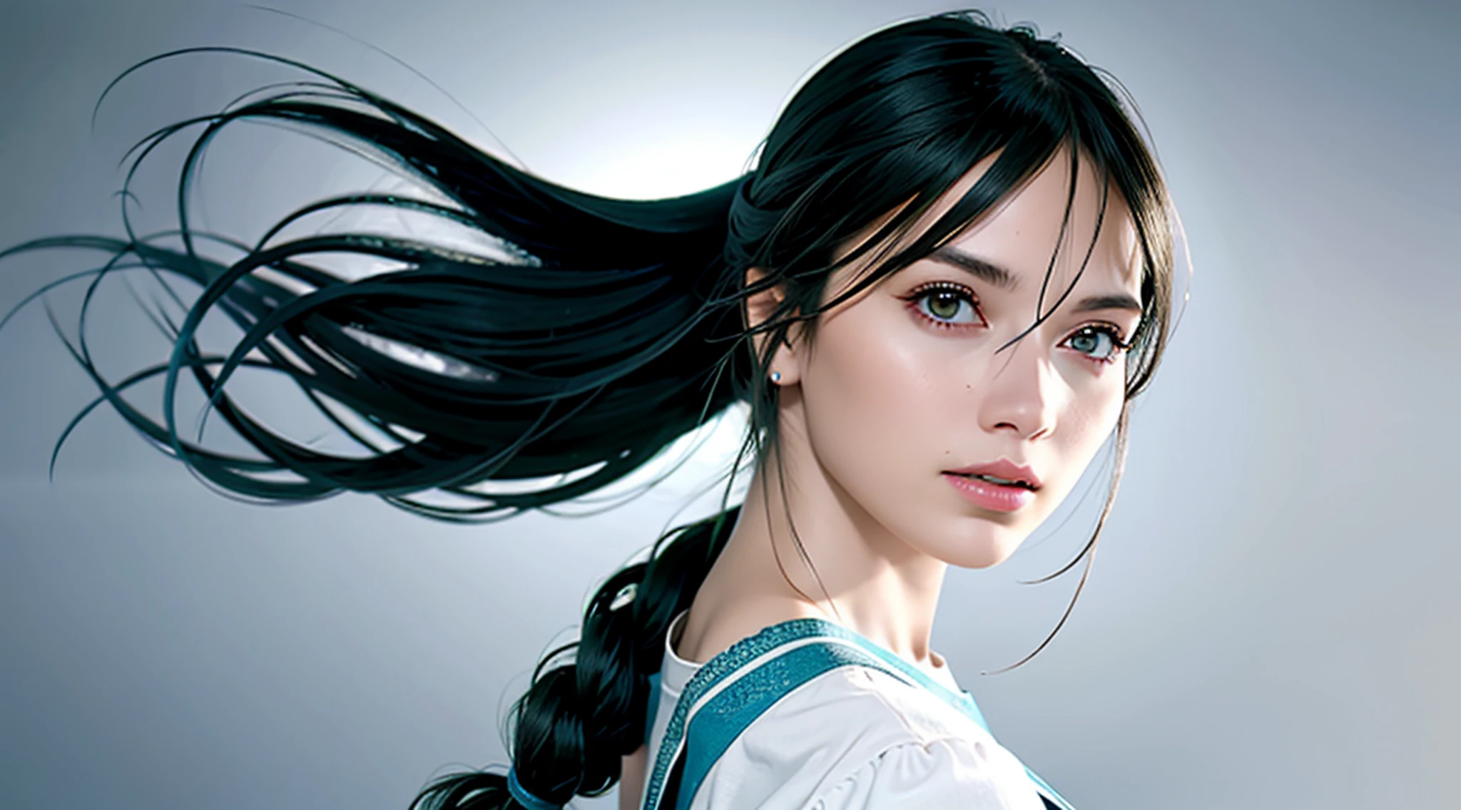 (Fotorrealista: 1.5), beautiful ultra-detailed complex 3D rendering, (Skindent: 1.5), (Obra-prima, qualidade superior, octane rendering, 8K), fotos de glamour imagens de corpo inteiro, elfos jovens muito bonitos, decote, bswimsuit, um, long braided green hair, cabelo verde apenas, Vestindo intrincada super armadura de ouro e azul e branco, usando uma intrincada capa preta (((retrato))), usando intrincadas leggings de metal branco nas pernas,  fundo urbano futurista, facial muscles, no estilo da Marvel Comics, ArtStation Trends, foco claro, Studio Photography, detalhe intrincado, altamente detalhado, olhos detalhados, illustration, muito detalhado, foco nítido, digital render, profissional