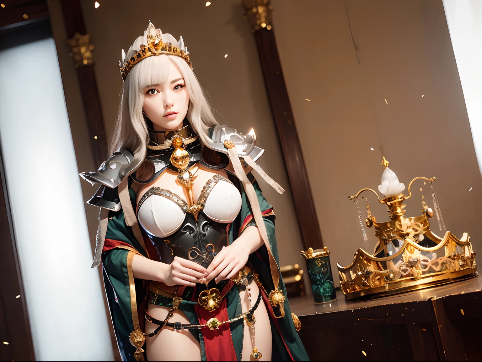 (masutepiece), Professional , masterpiece、top-quality、photos realistic , depth of fields (Gemstone Silver Metal Body:1.9),(Matte White、Particles of light、Jewel Gold Weapon(Jewel Metal Body:1.4),Gorgeous Jewel Metal Weapons , Detailed Sword of the Brave ,( Soldier background in metal armor) ,warhammer 40k , adepta sororitas,Detail and ornate jewel crown、独奏、Black hair、Gangle's forest background、Beautiful Caucasian beauty、1a person、dynamic ungle,(((Diamond tiara with detail and luxury)))、a small face、A smile、Powerful poses、(Gorgeous castle background)、huge-breasted、20 year old beautiful woman、Stand in the center of the screen、Thin female fingers、Seductive look、