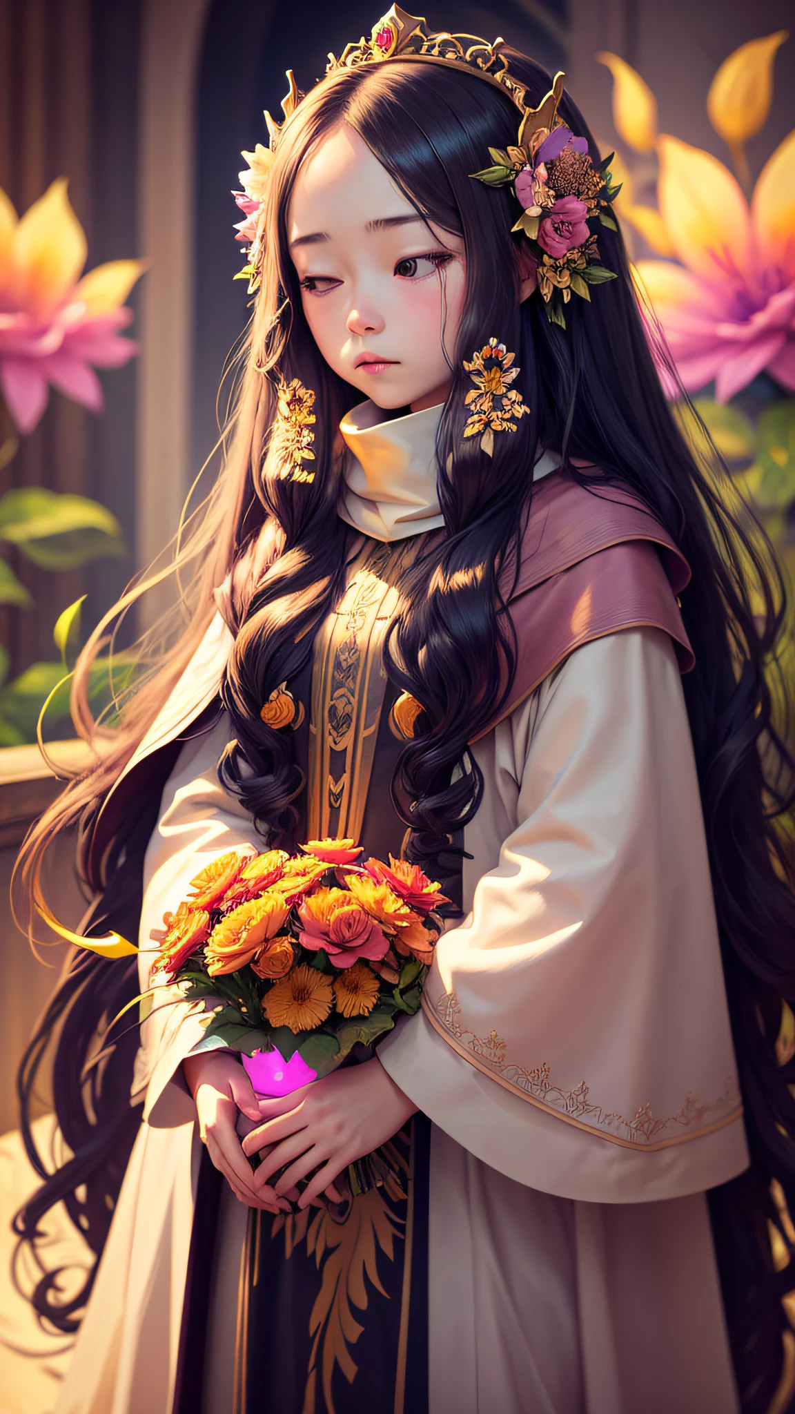 masterpiece, best quality,1girl, long hair, (glowing:1.15), (team:1.1), (flowers:1.15), (monarch:1.05), sleepy, Long coat